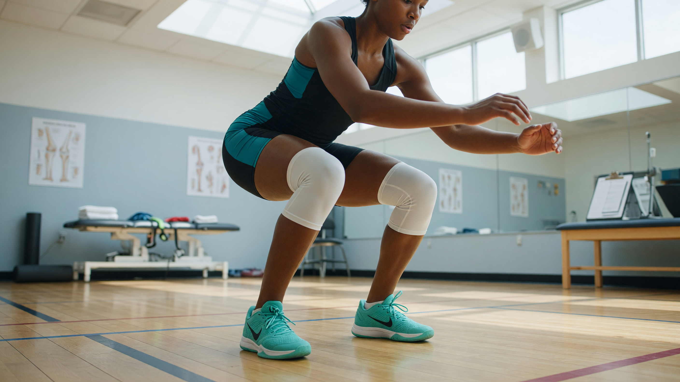 Athlete practising safe landing technique for ACL injury prevention during sports
