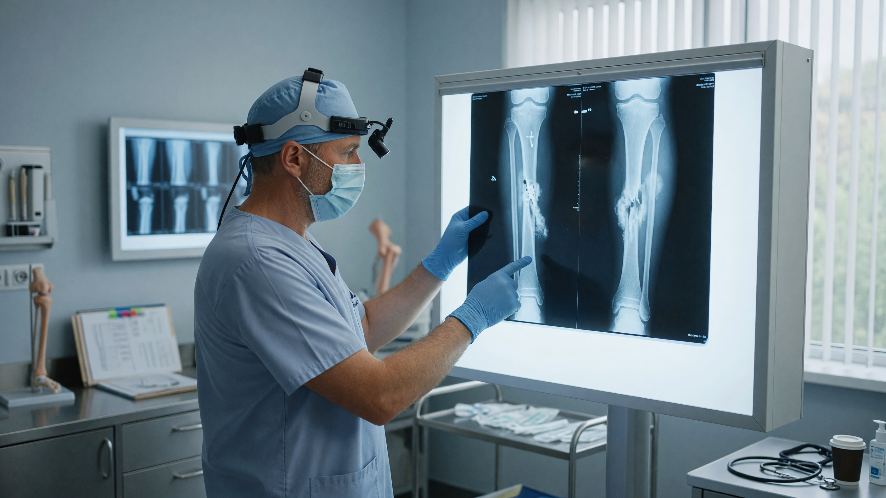 Orthopedic surgeon reviewing an X-ray showing persistent pain after fracture and non-healing bone