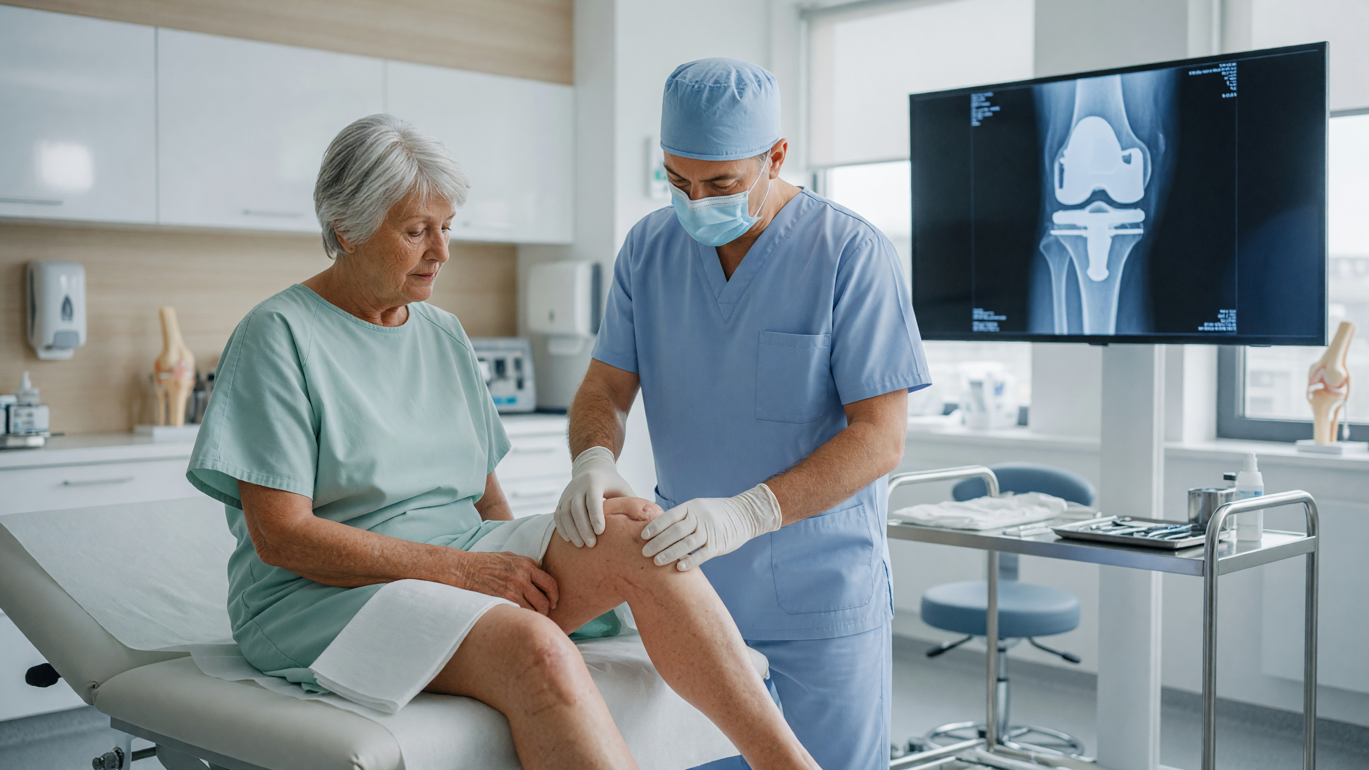 Orthopaedic surgeon examining a patient's knee for knee replacement instability at Lux Hospitals