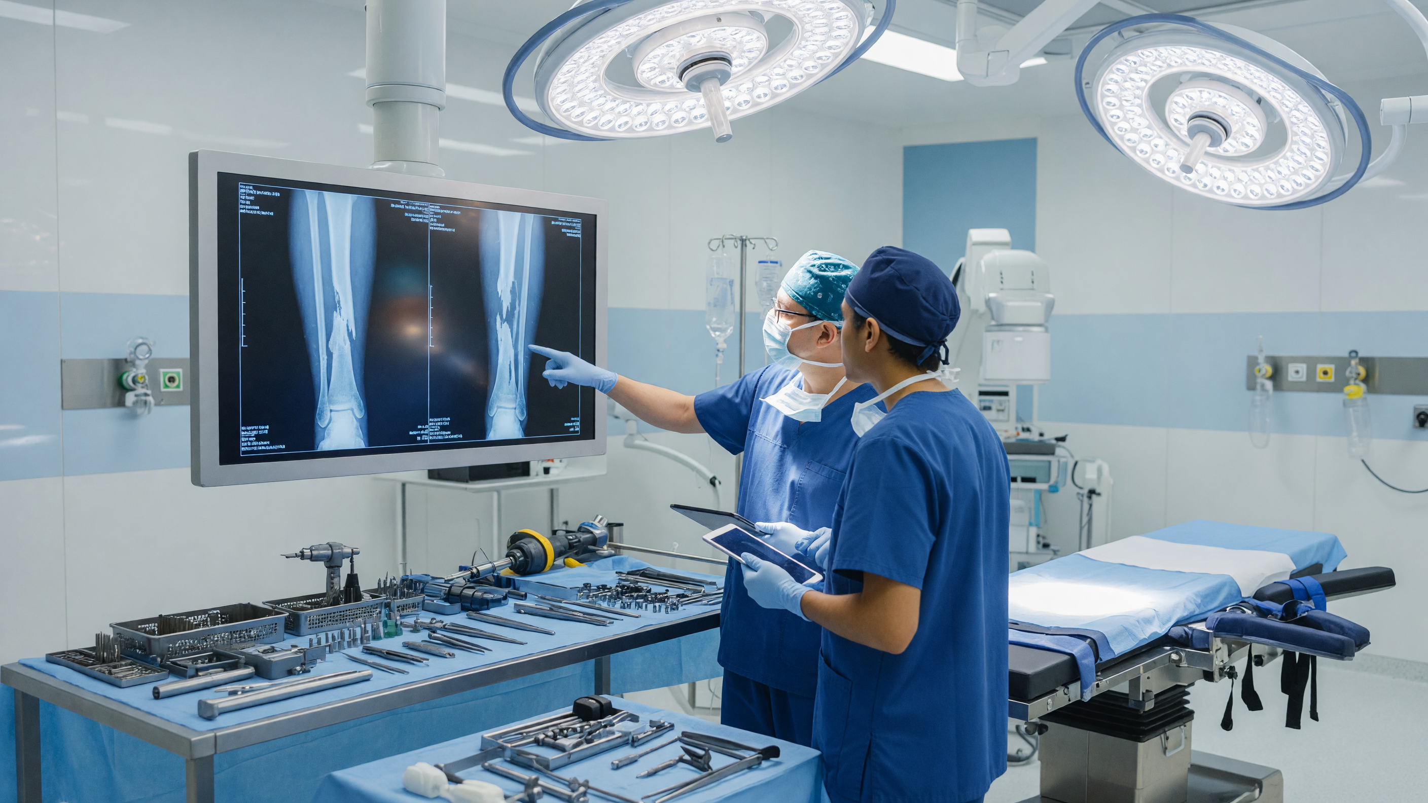 Orthopedic surgeon examining X-ray before open fracture surgery in a hospital