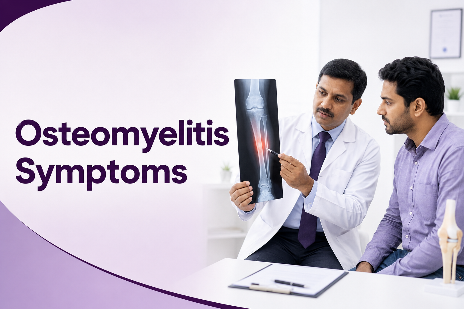 Doctor examining a patient's leg showing osteomyelitis symptoms of a bone infection