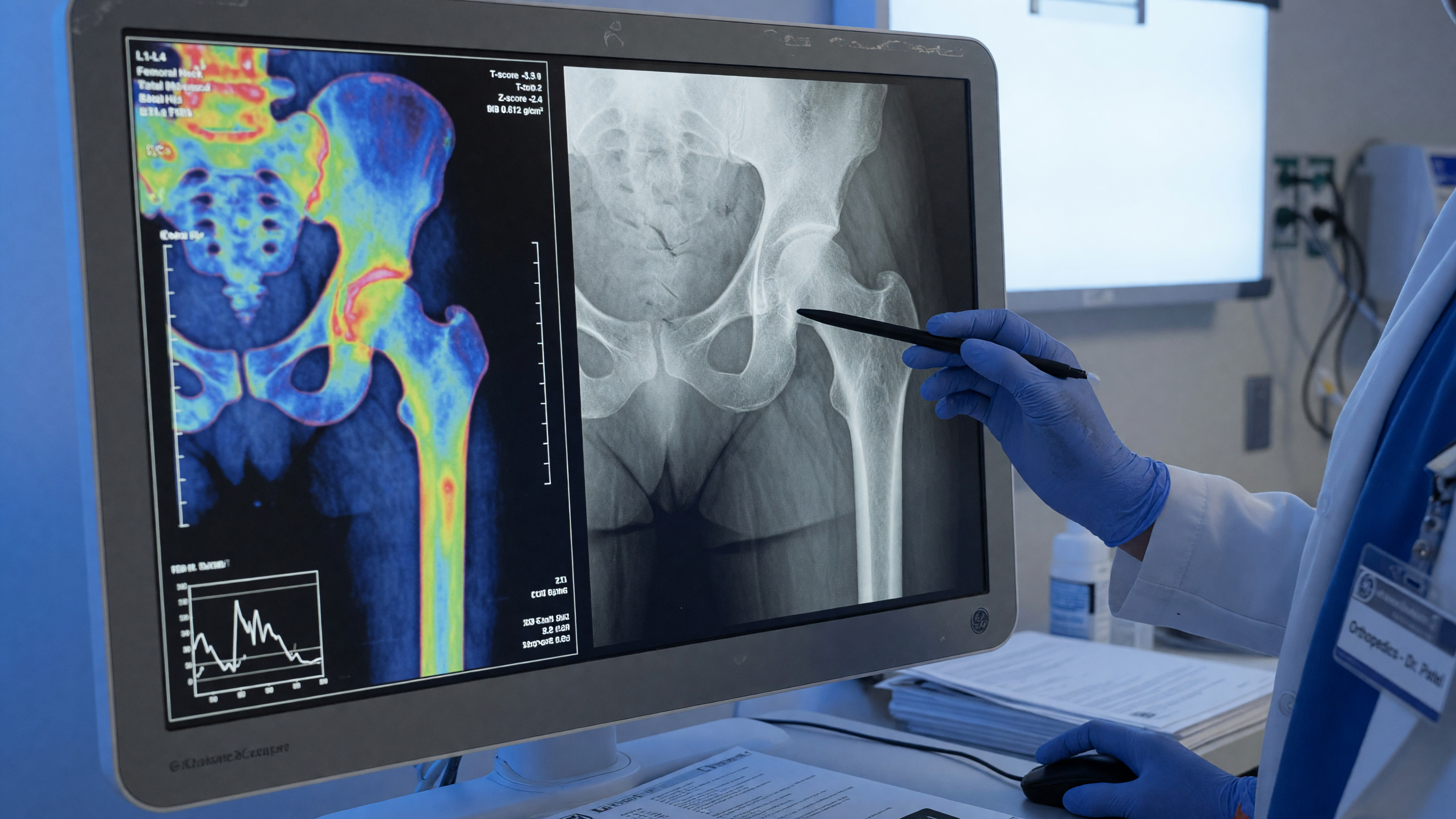 Illustration showing osteoporosis fracture risk with weakened porous bone prone to breaking