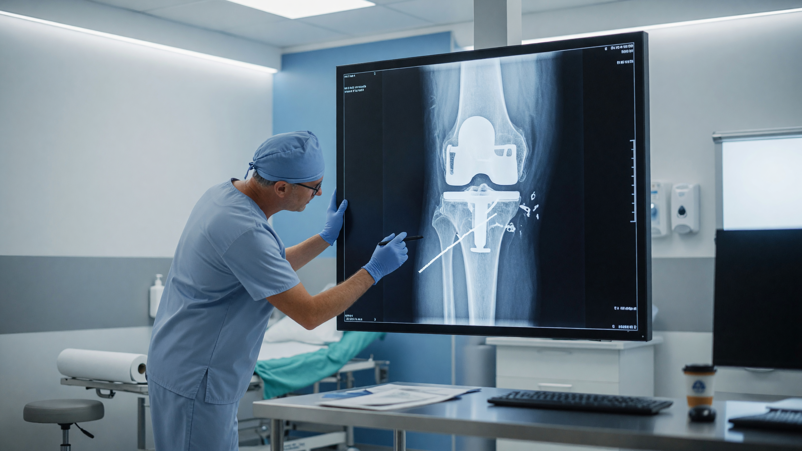 Orthopaedic surgeon reviewing an X-ray showing a fracture around knee replacement implant