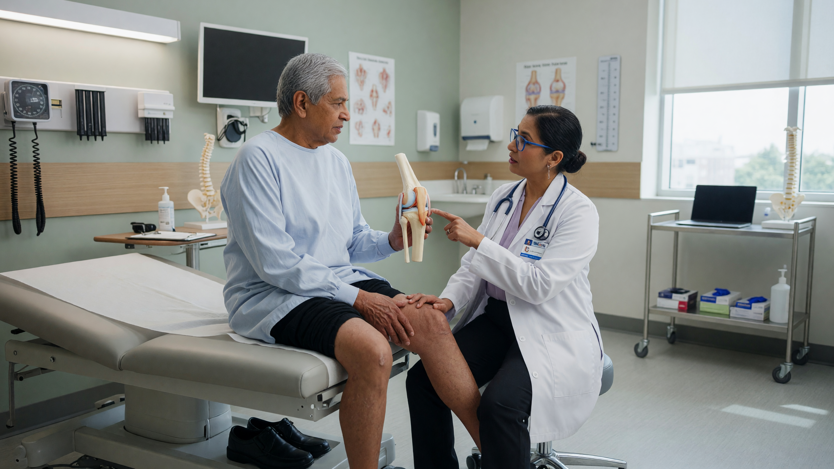 Doctor examining a patient's knee showing early knee osteoarthritis symptoms