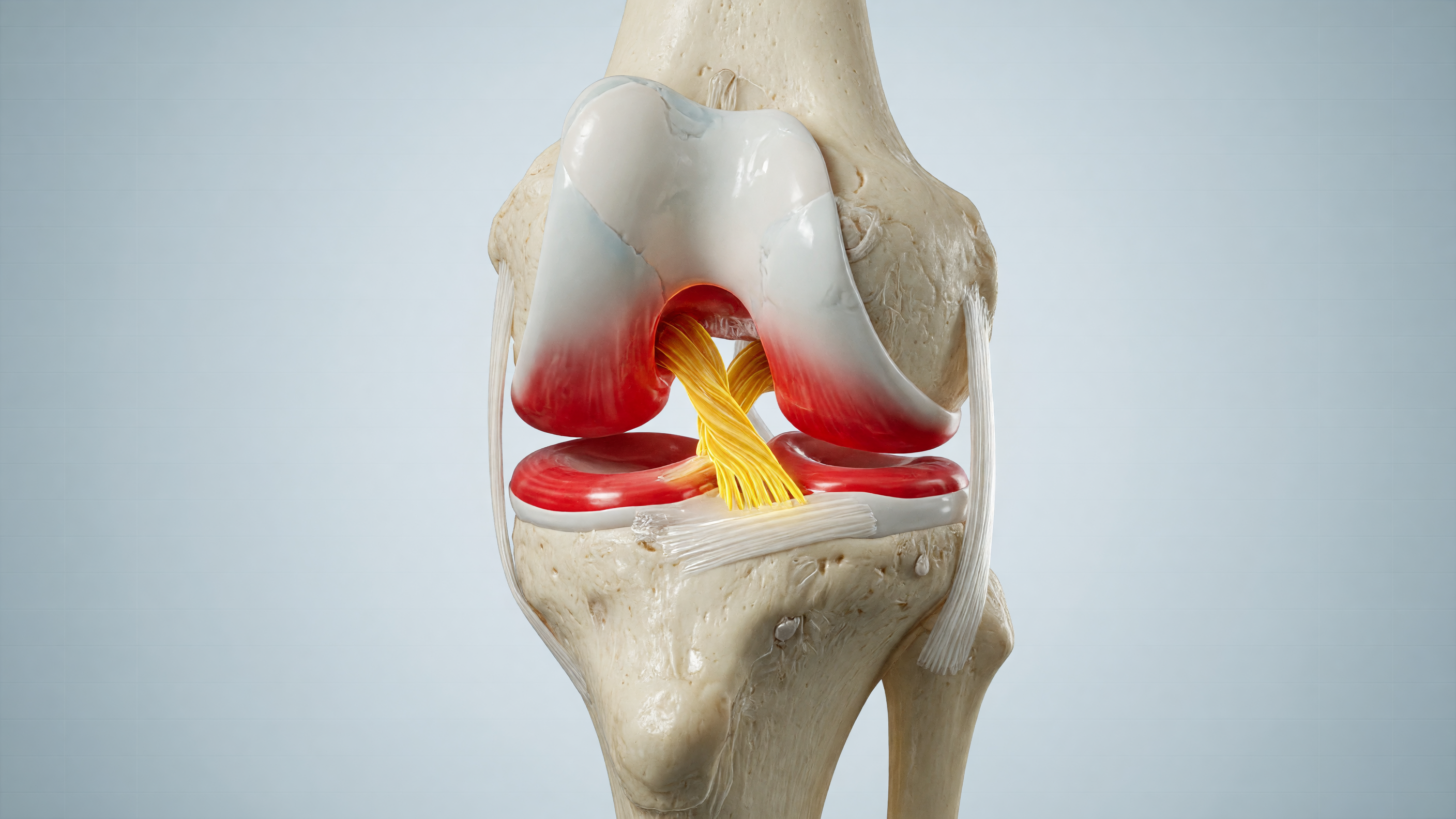 Illustration comparing meniscus tear vs ACL tear anatomy in the human knee joint