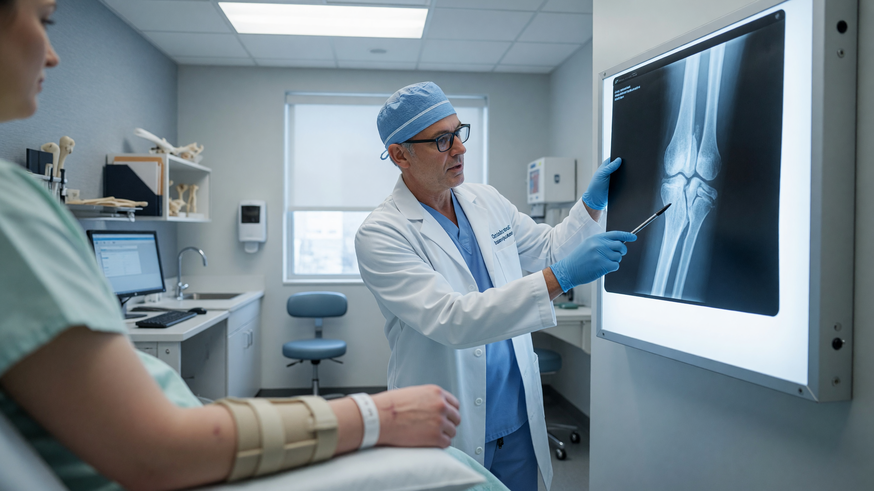Orthopedic surgeon examining an X-ray of a malunion fracture showing a bone healed incorrectly