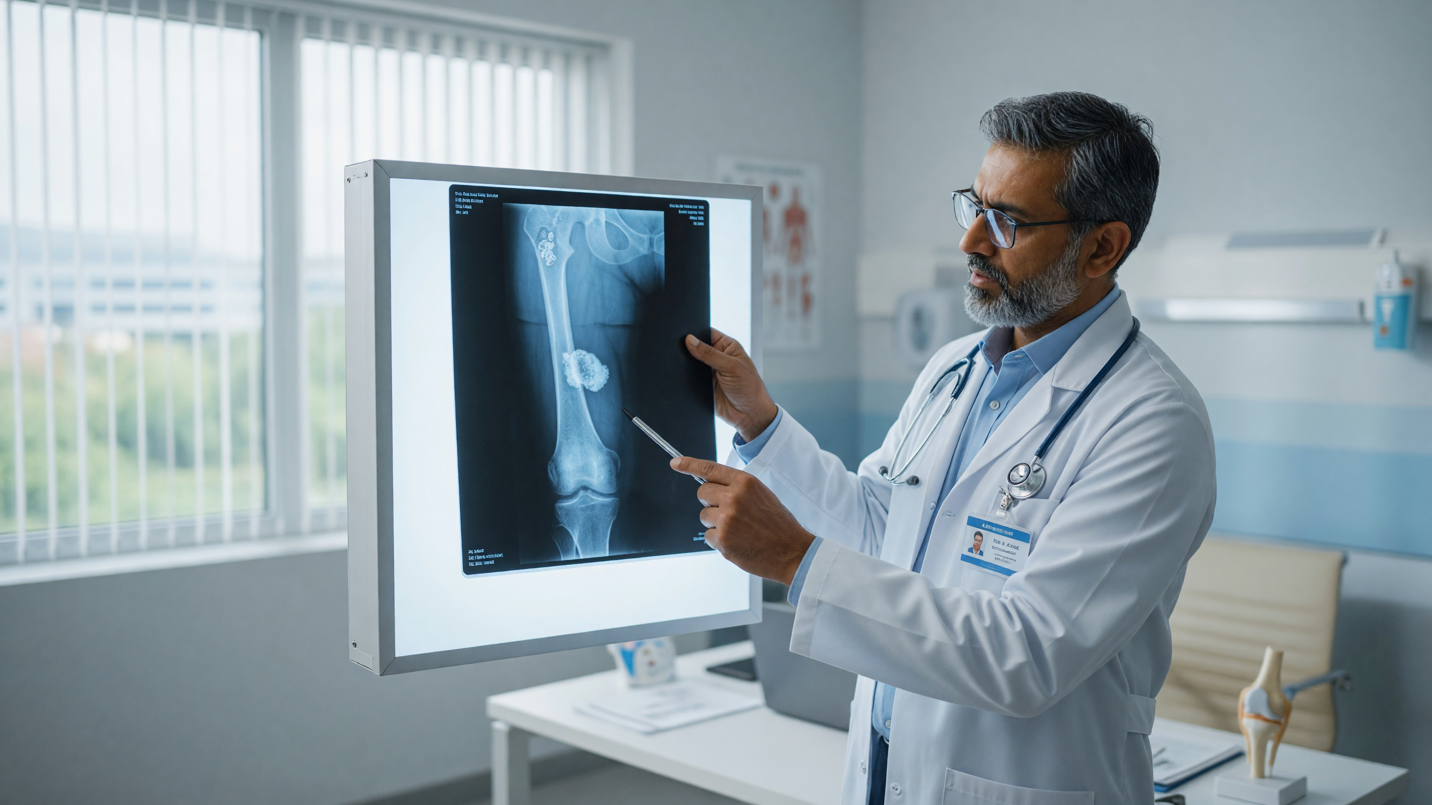 Doctor reviewing X-ray images to identify bone tumor causes and risk factors