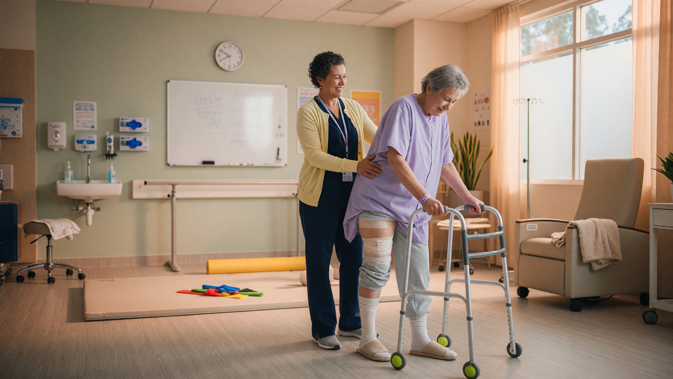 Physiotherapist guiding a patient through hip replacement recovery exercises