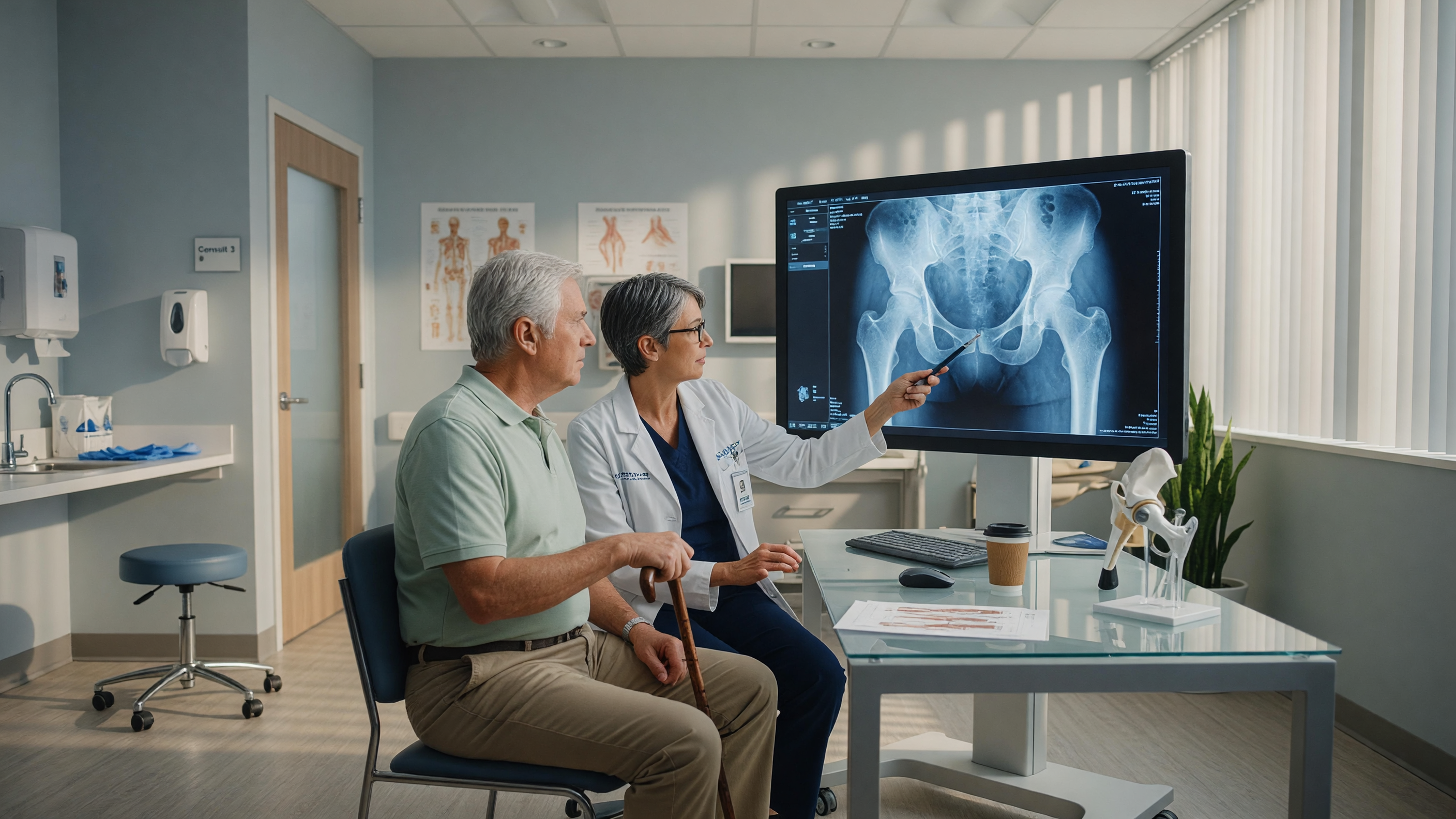Orthopedic surgeon reviewing hip X-ray to determine need for hip replacement surgery