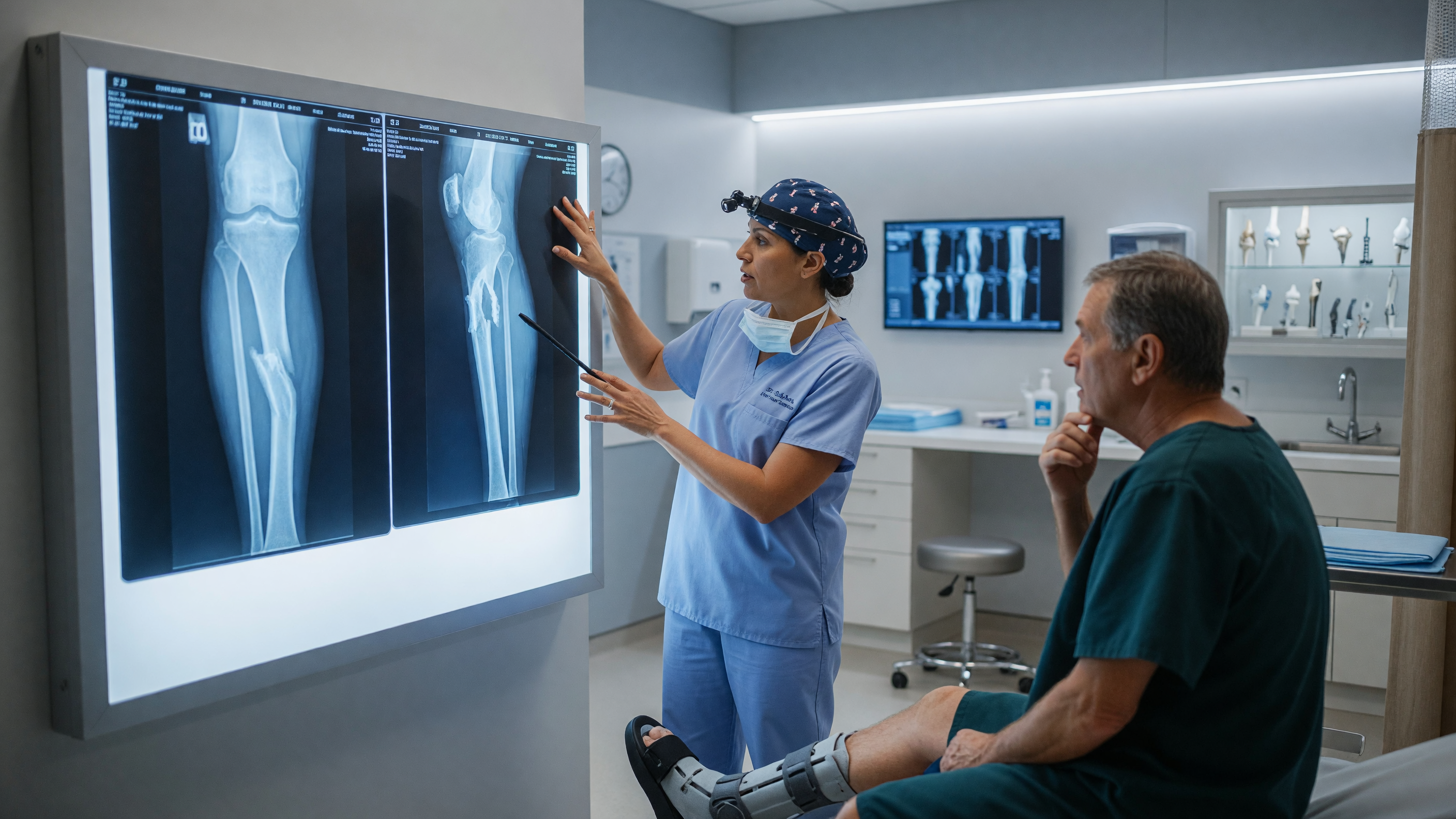 Orthopedic surgeon reviewing X-rays before malunion surgery for a misaligned healed fracture