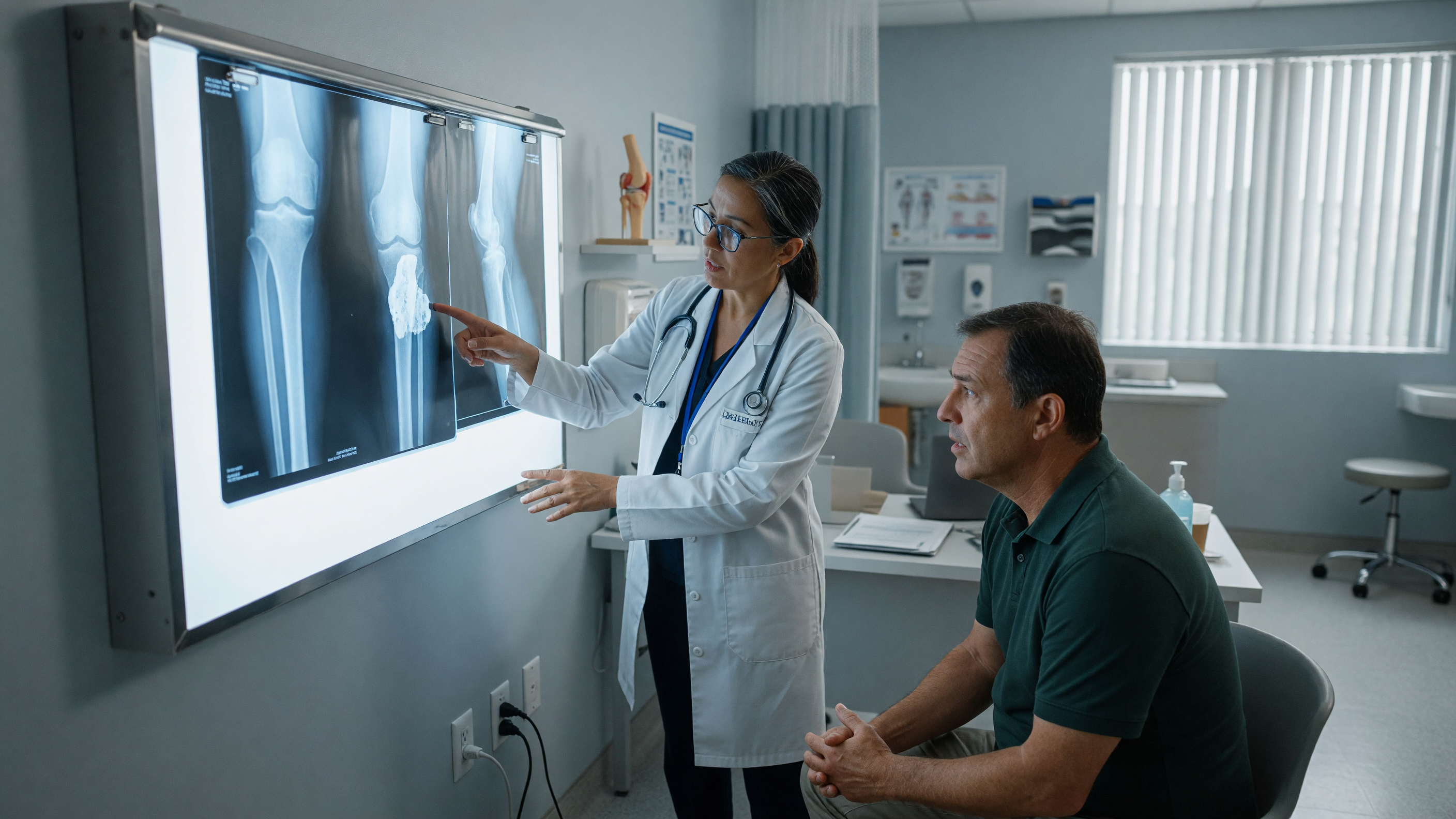 Orthopedic specialist reviewing X-ray comparing benign vs malignant bone tumor