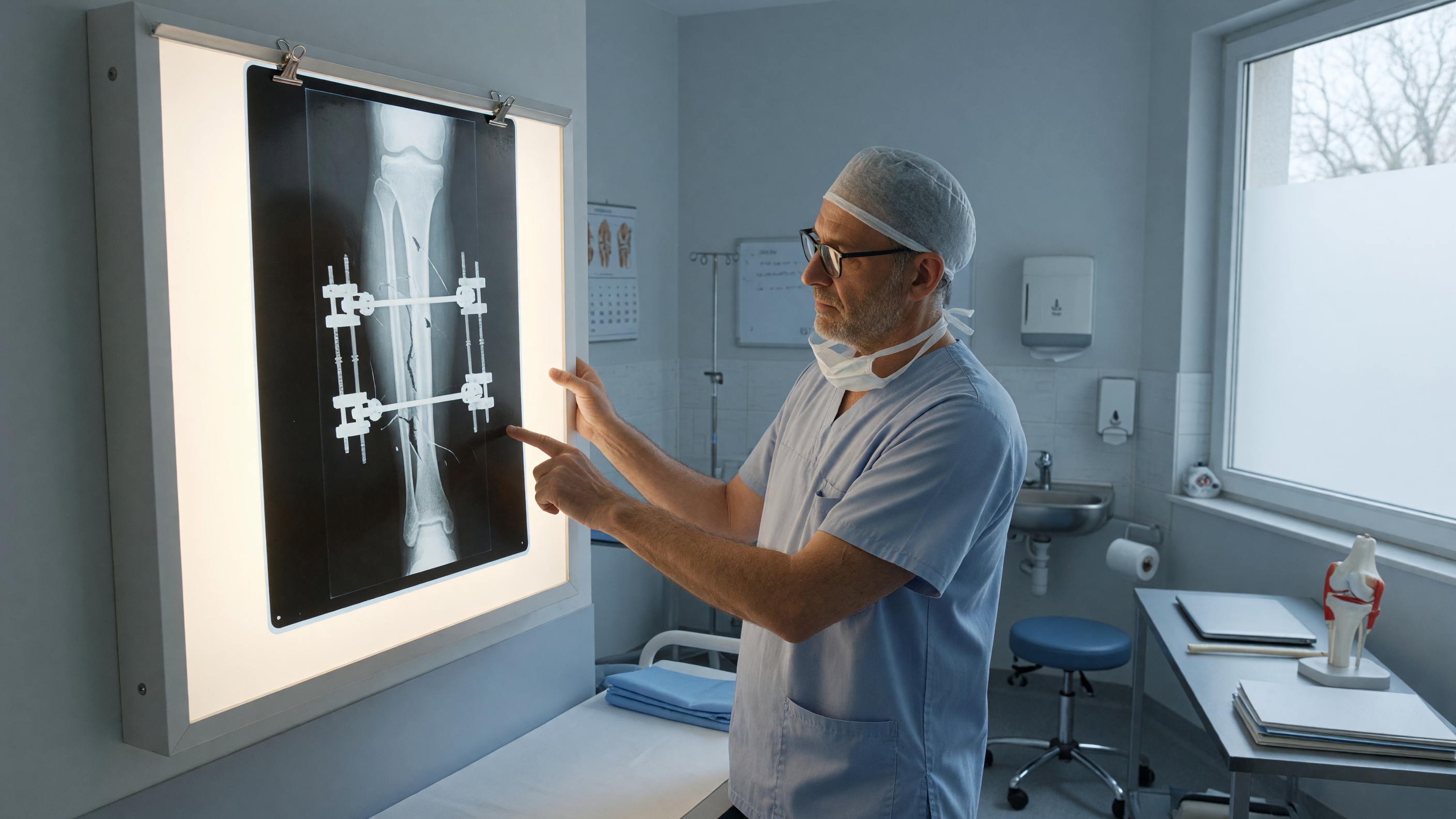 Orthopedic surgeon examining an X-ray of an infected nonunion fracture treated with an external ring fixator