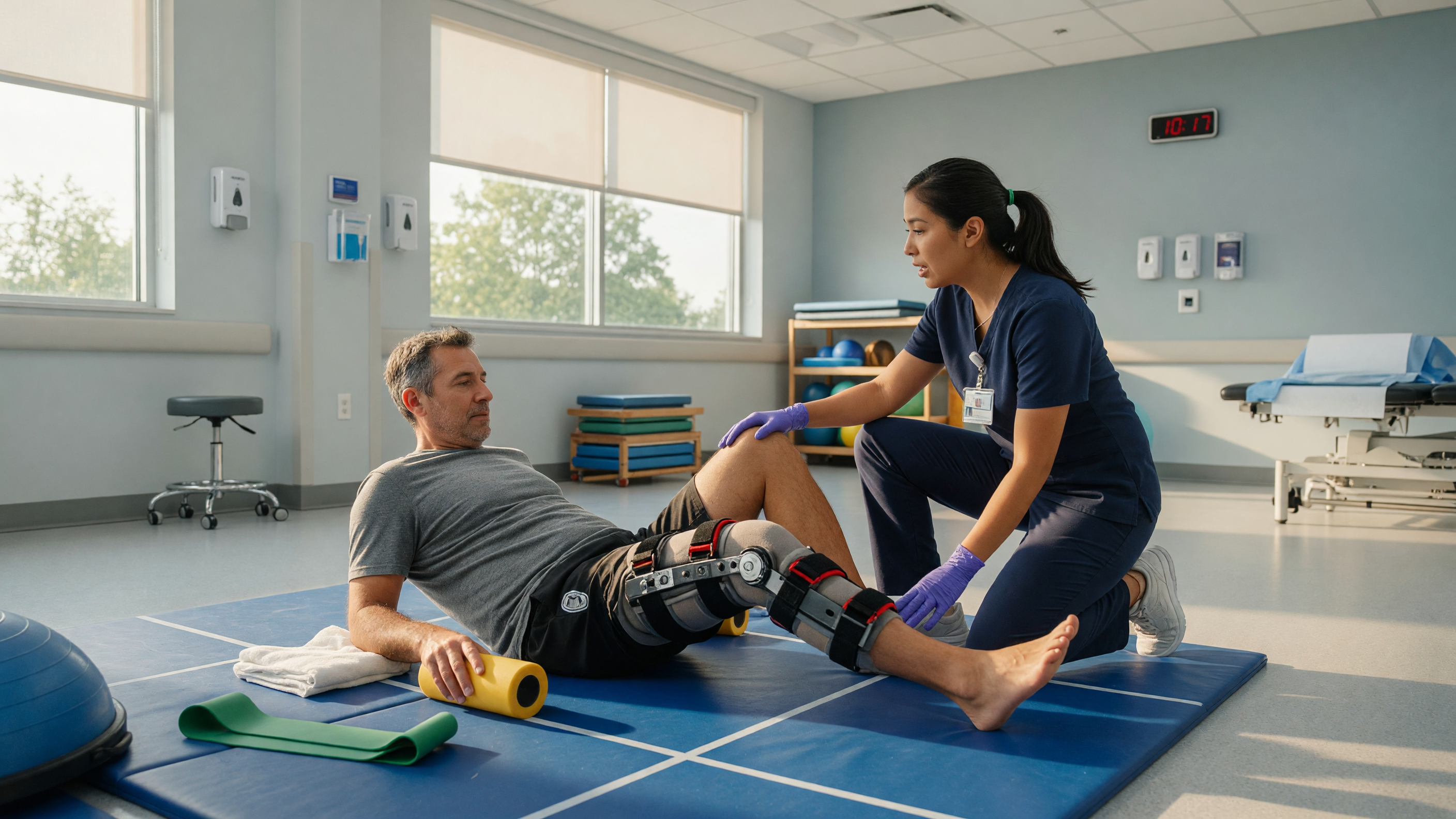 Patient doing knee rehabilitation exercises during ACL reconstruction surgery recovery timeline