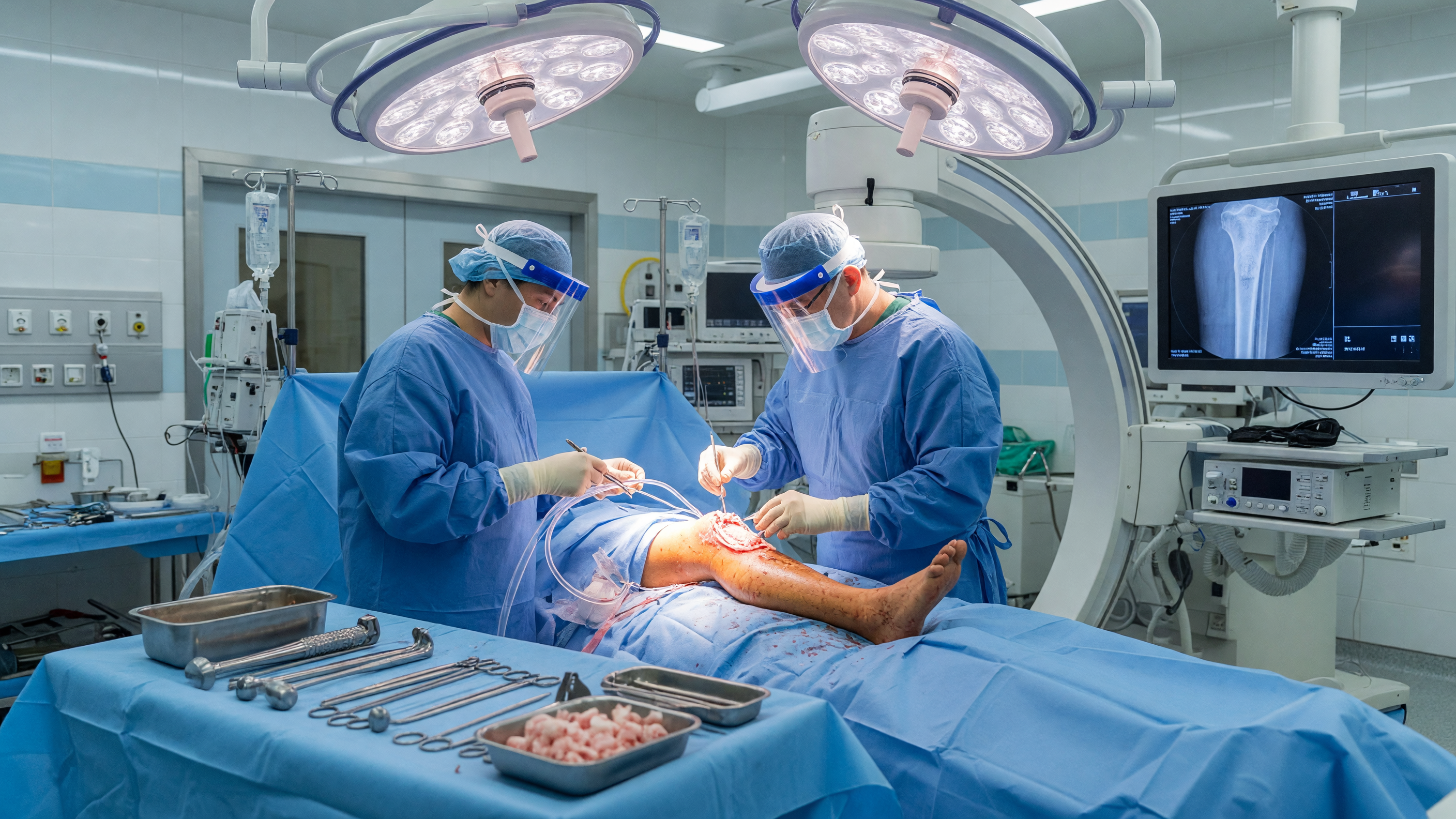 Orthopedic surgeon performing bone grafting for nonunion fracture repair in operating room