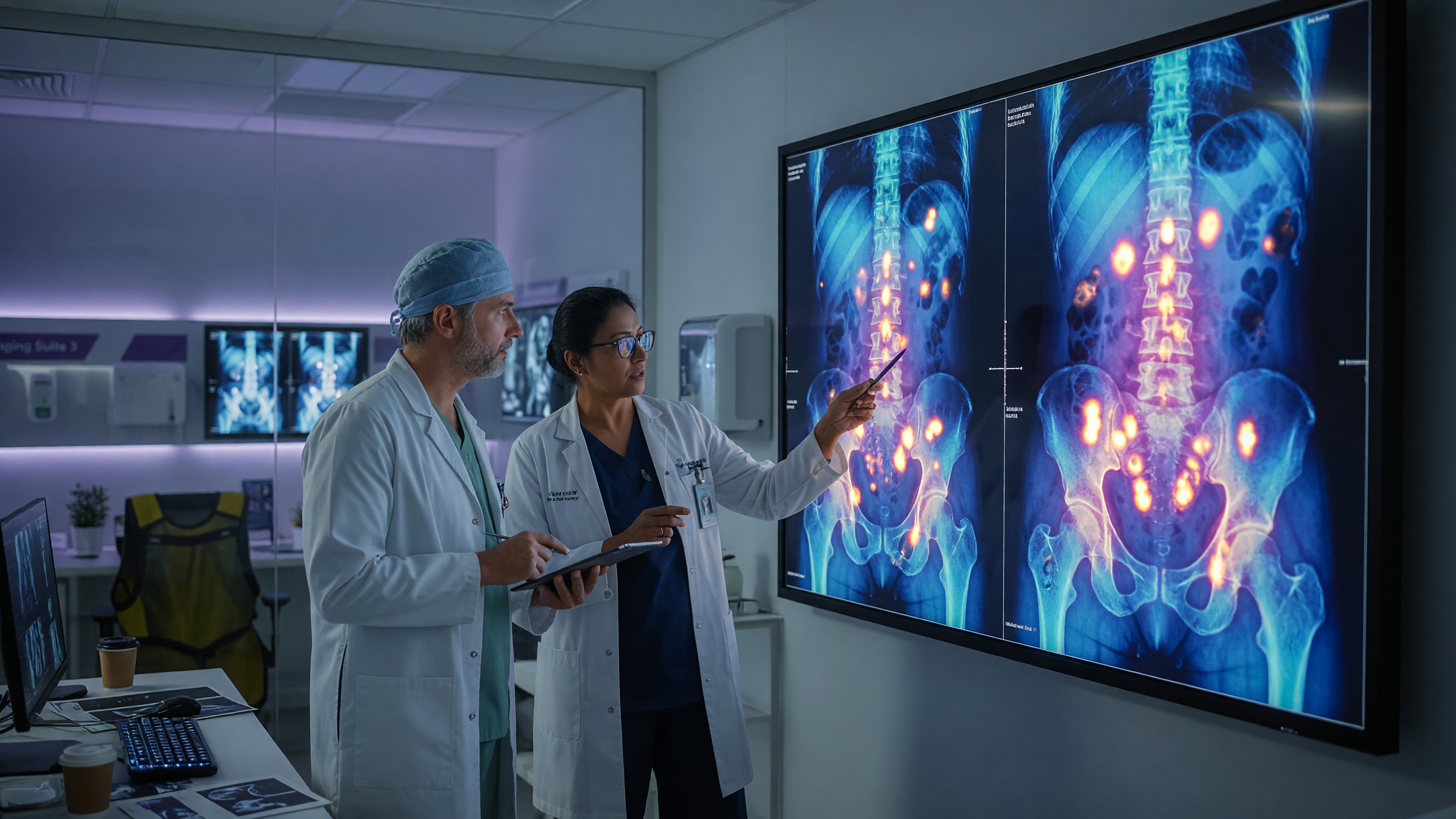 Medical illustration showing bone metastasis where cancer spreads to the bones of the spine and pelvis