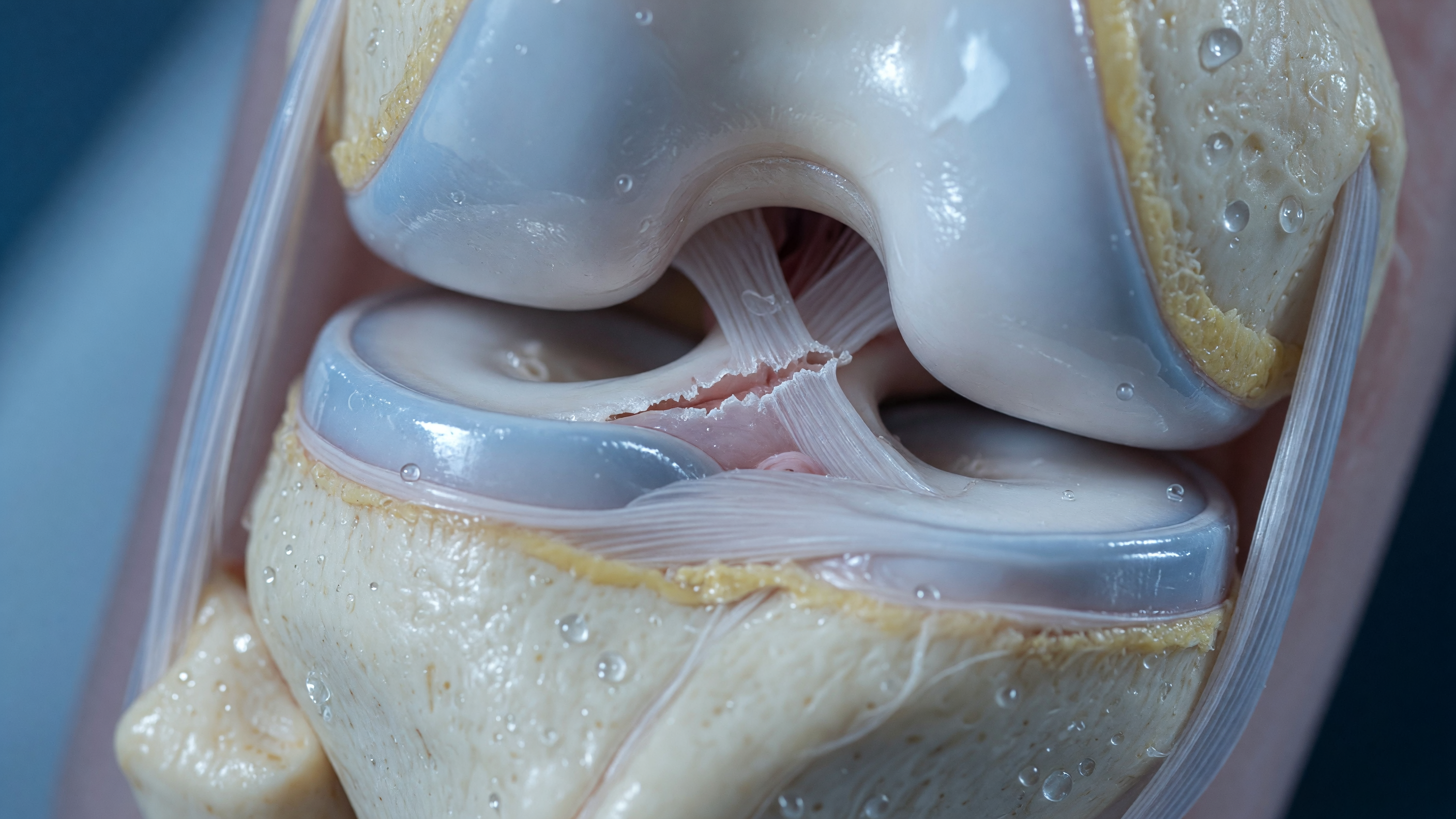 Illustration showing meniscus tear causes in a human knee joint during a twisting motion