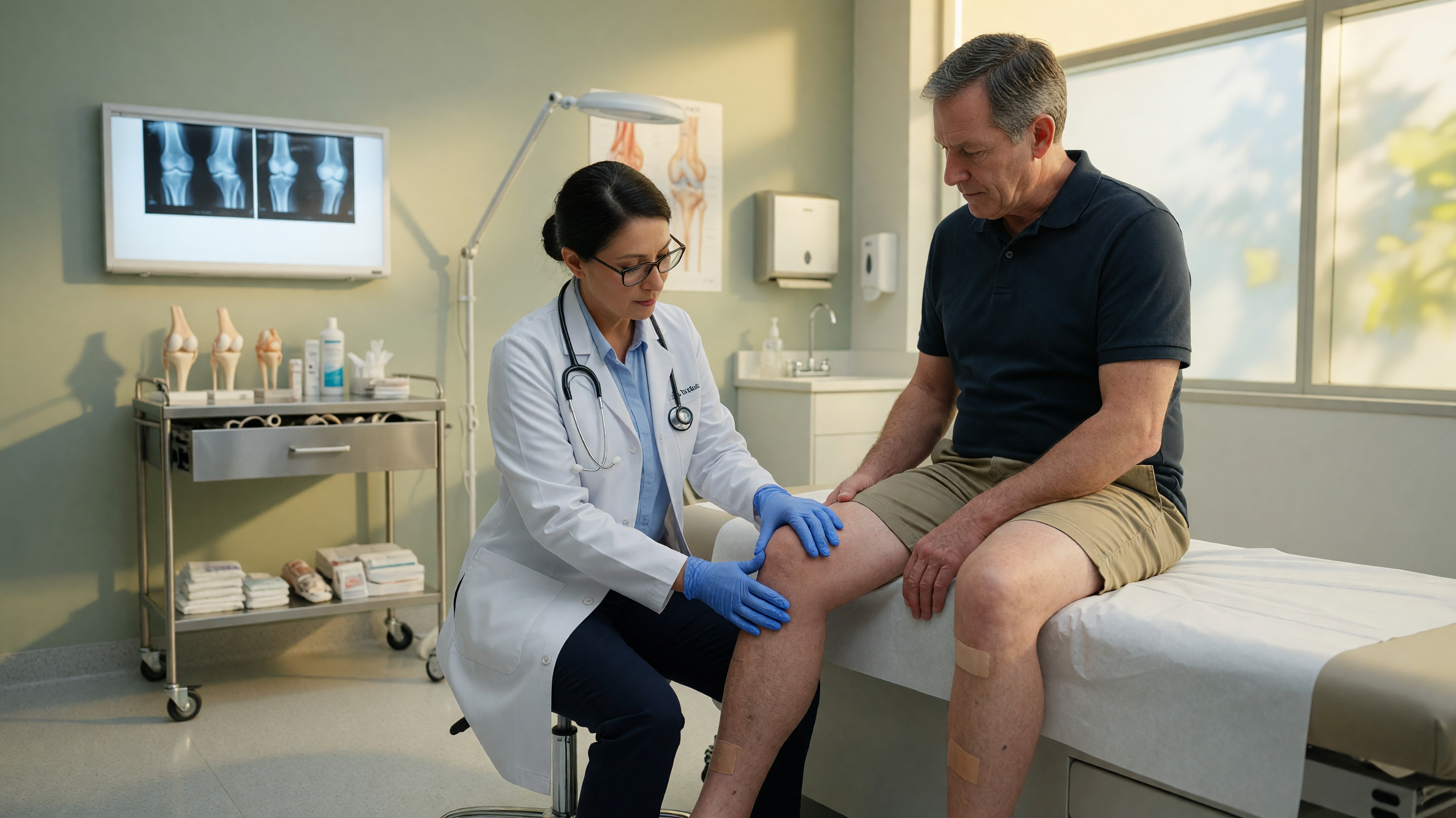 Orthopedic doctor examining a patient with chronic knee pain that returned after treatment