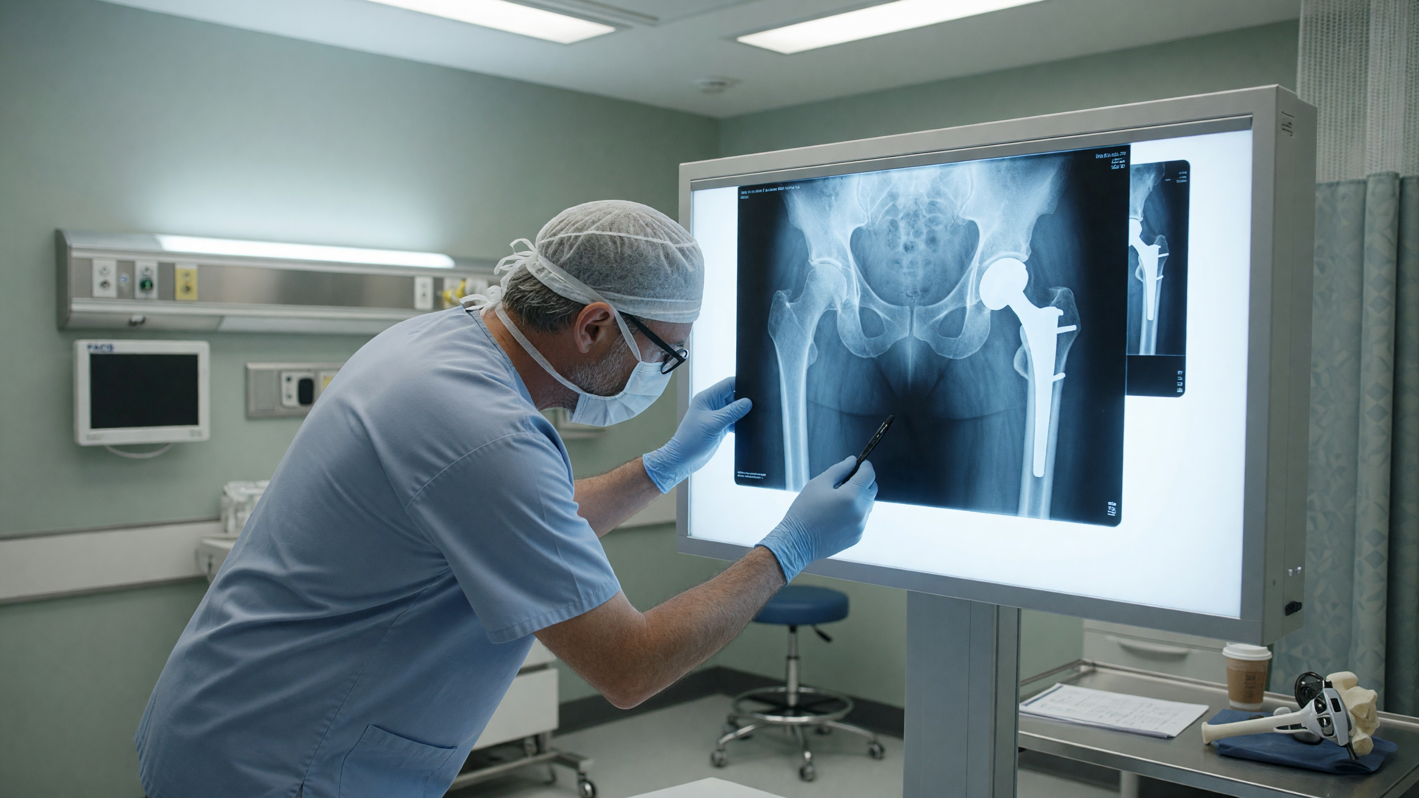 Orthopedic surgeon reviewing an X-ray showing a fracture around hip replacement implant