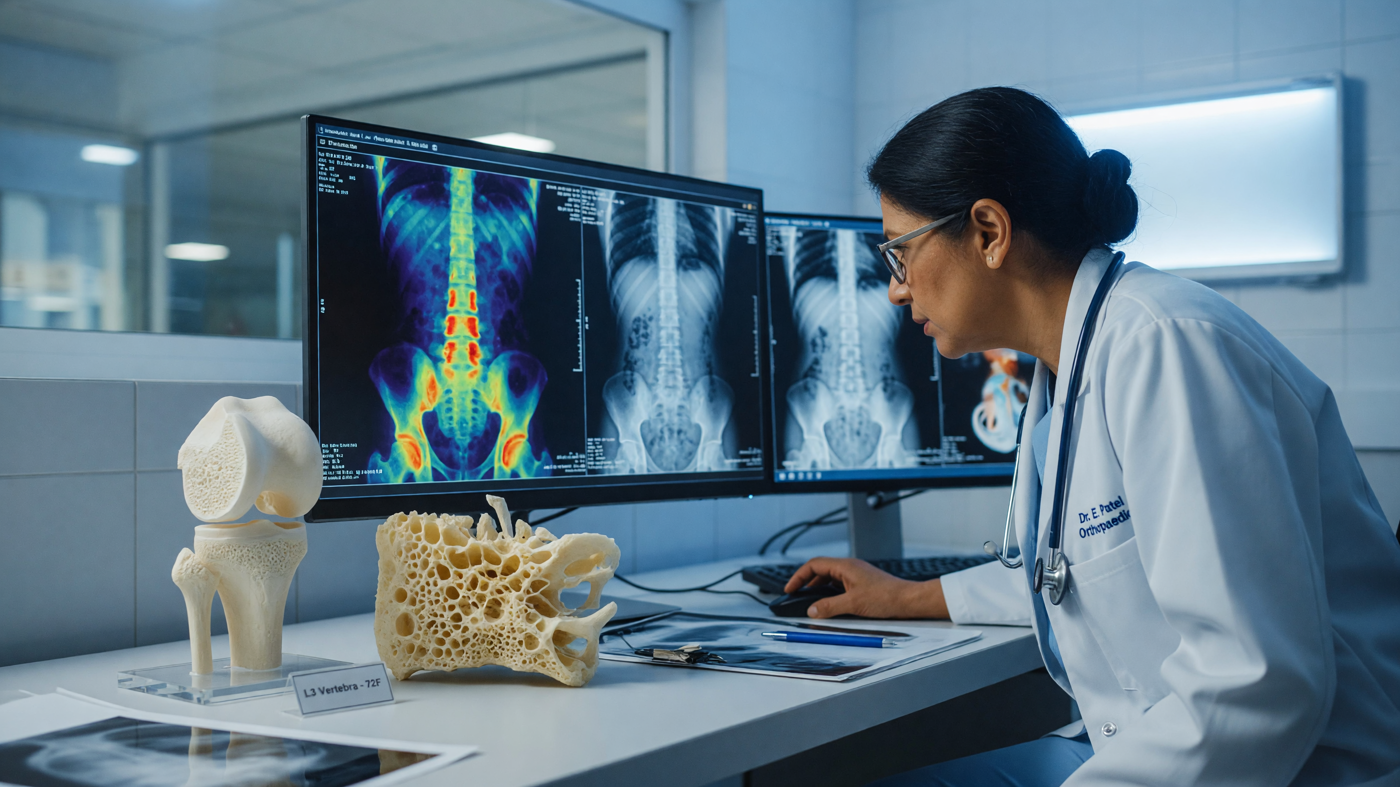 Medical illustration showing osteoporosis fractures and weakened bone density compared to healthy bone