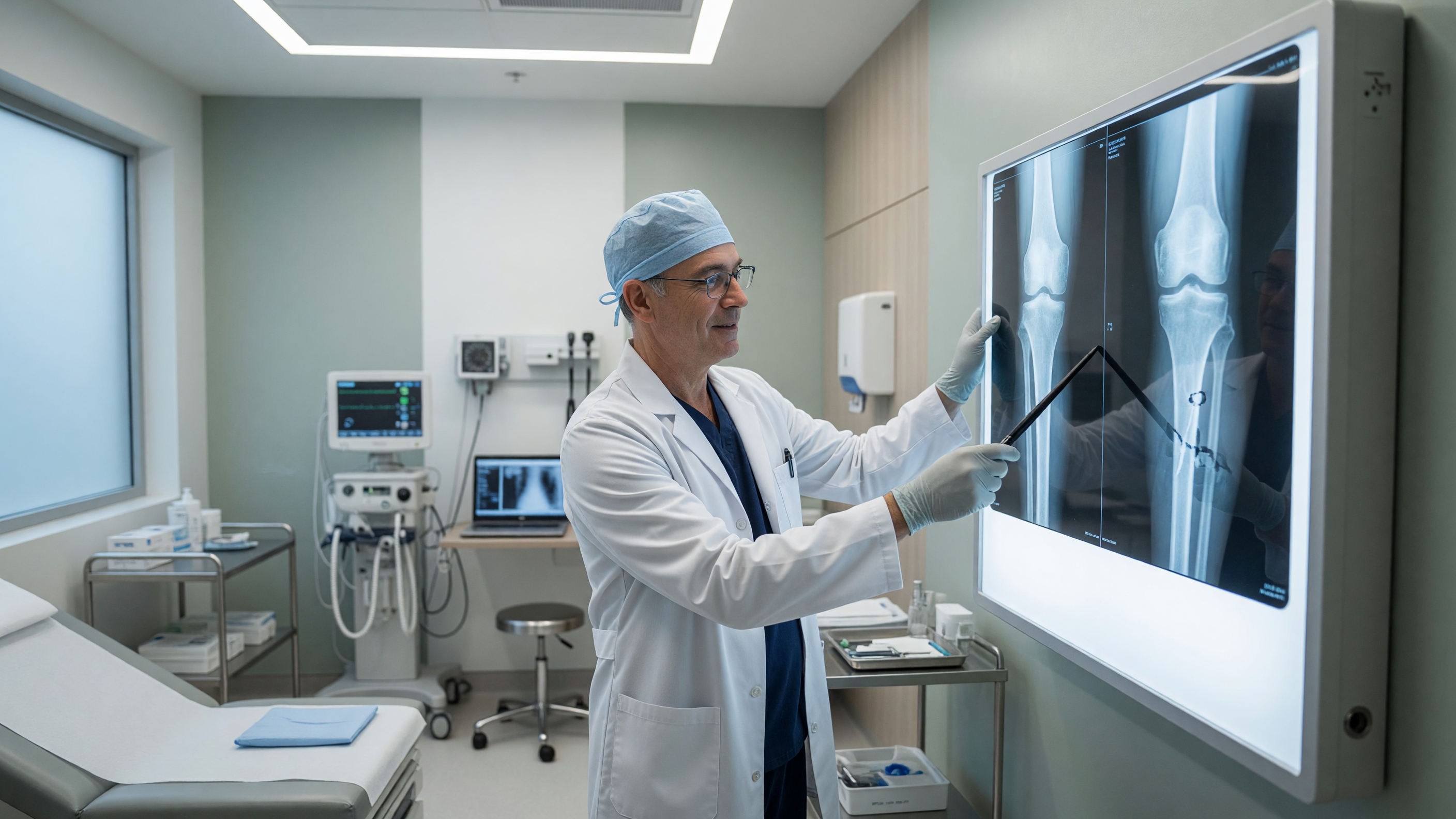 Orthopedic surgeon examining an X-ray showing delayed union vs nonunion fracture healing