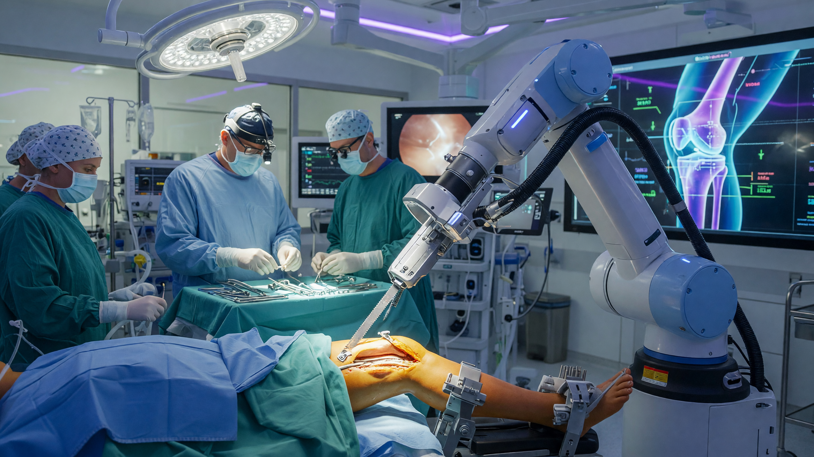 Surgeon performing robotic knee replacement using a robotic arm and 3D guidance system