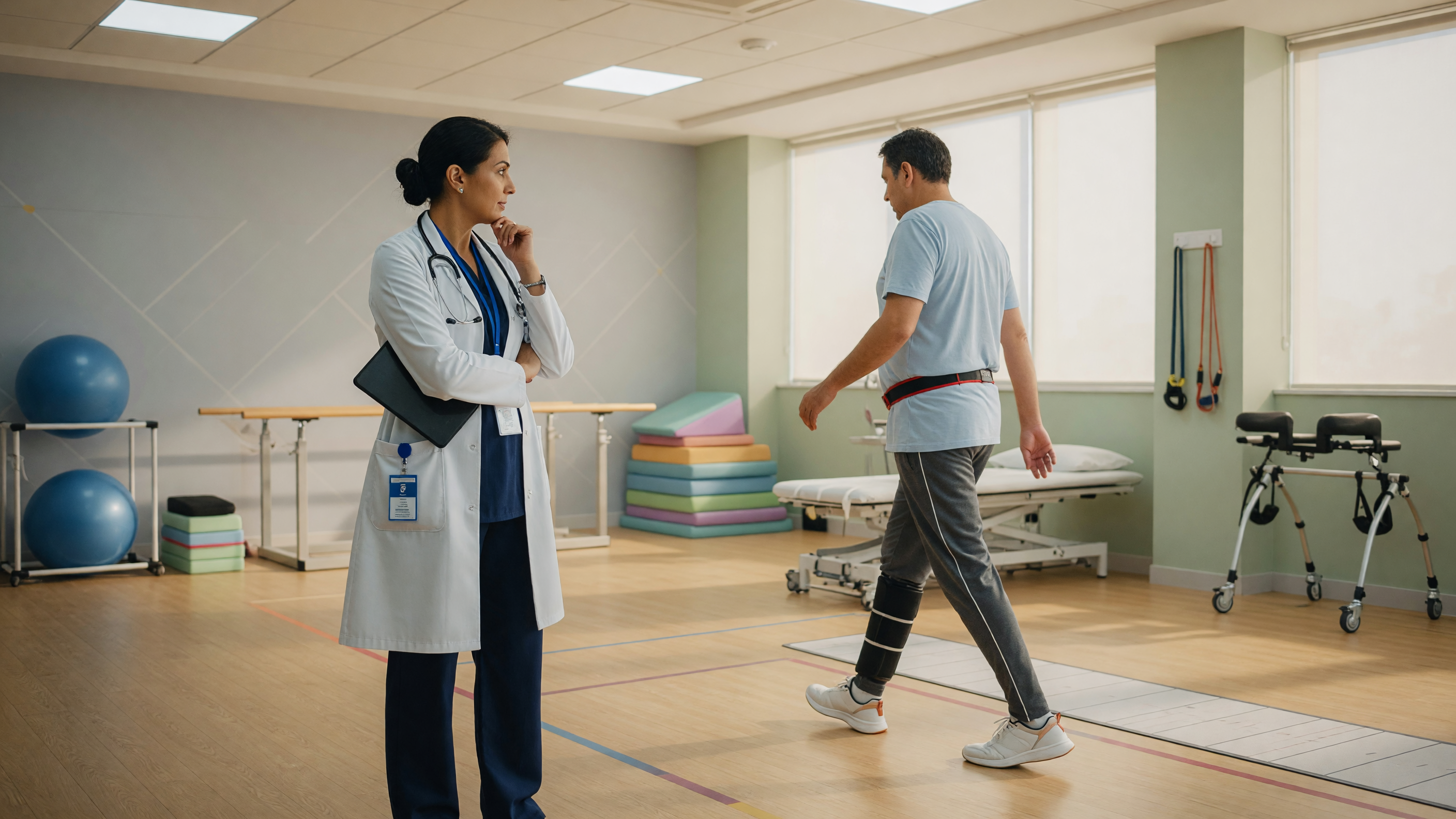 Orthopaedic doctor examining a patient with a persistent limp after fracture healing