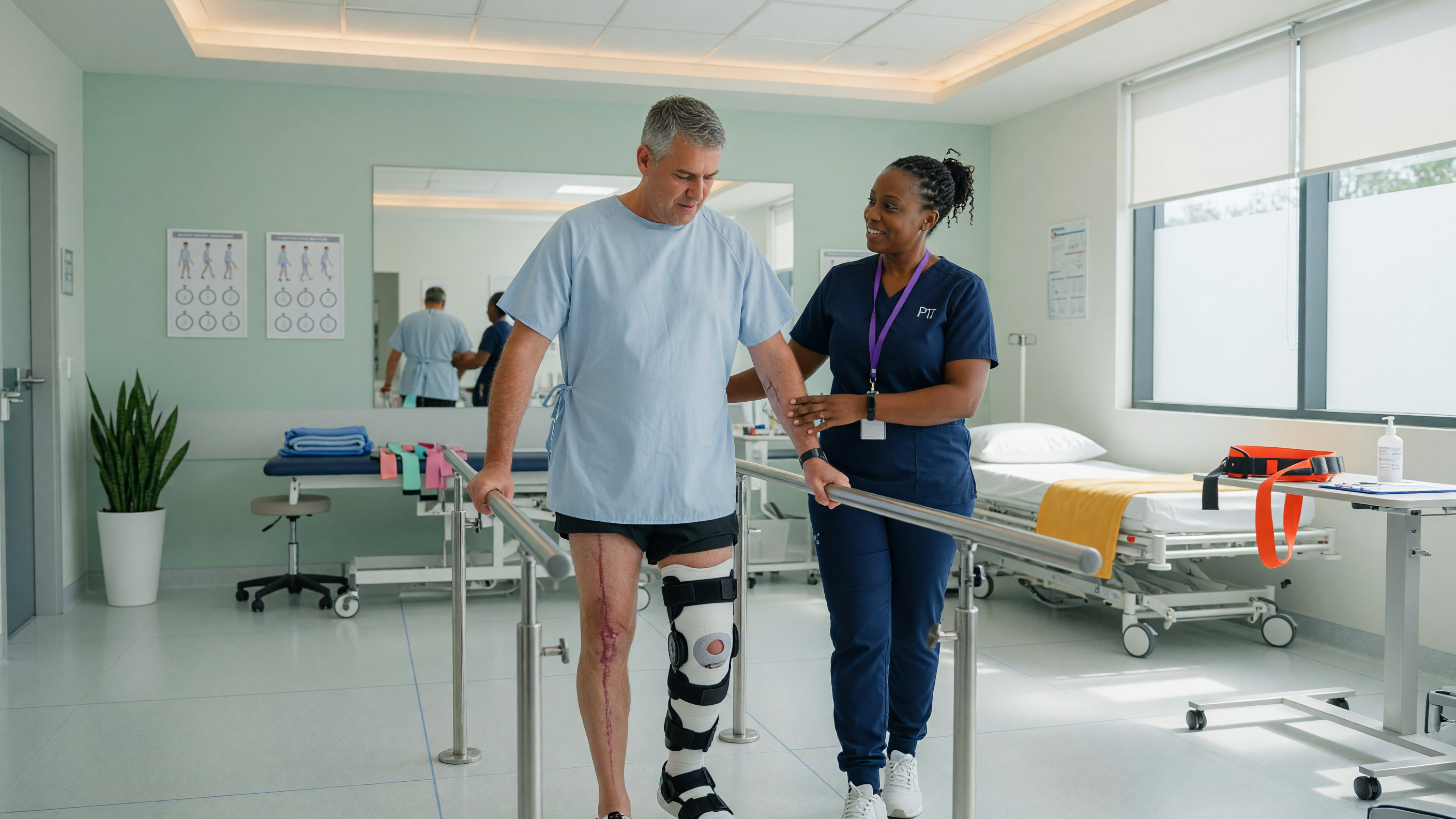 Patient with difficulty walking after fracture surgery using crutches during physiotherapy rehabilitation