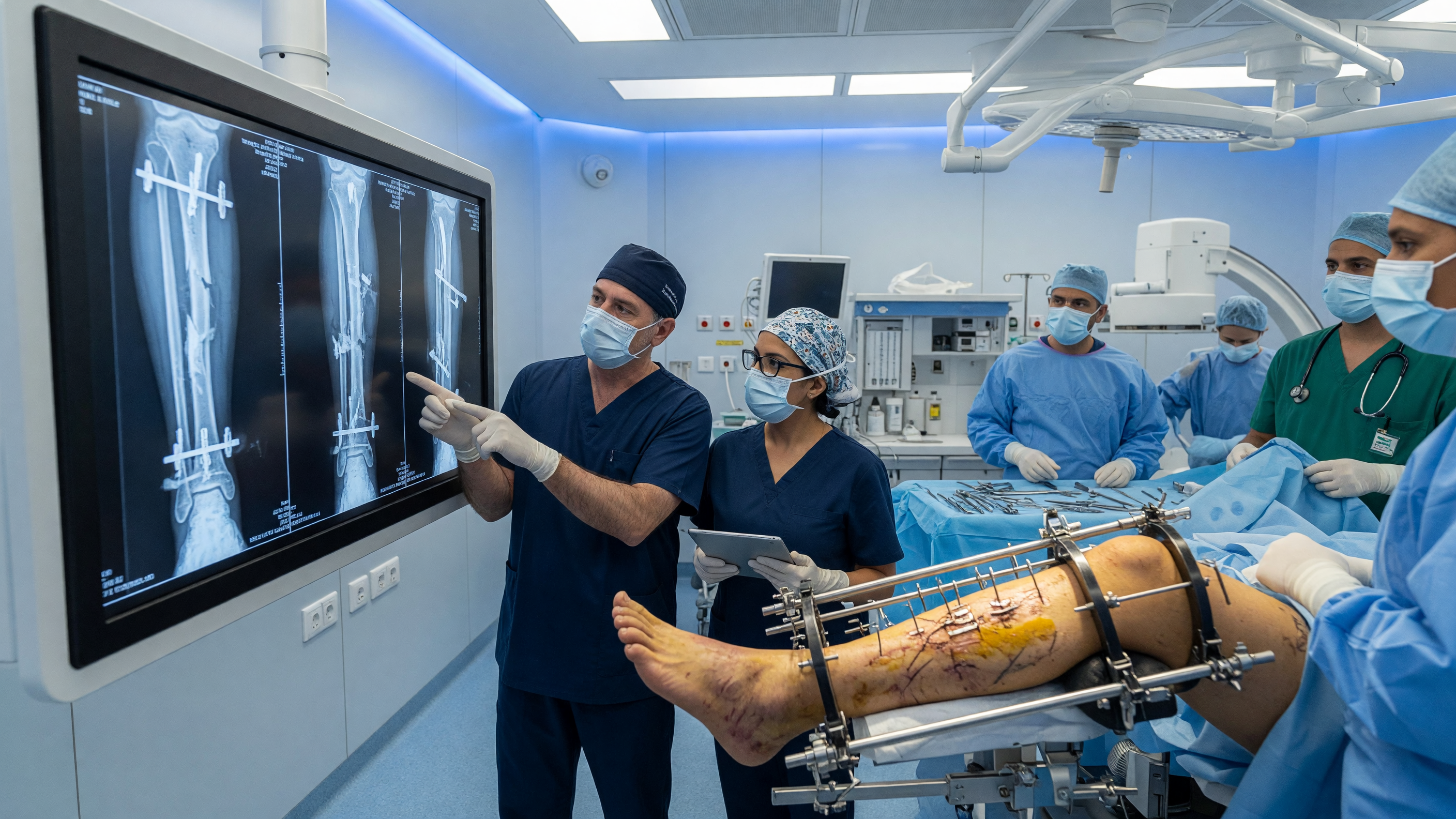 Orthopaedic surgeon treating a patient with complex orthopaedic trauma in a modern hospital