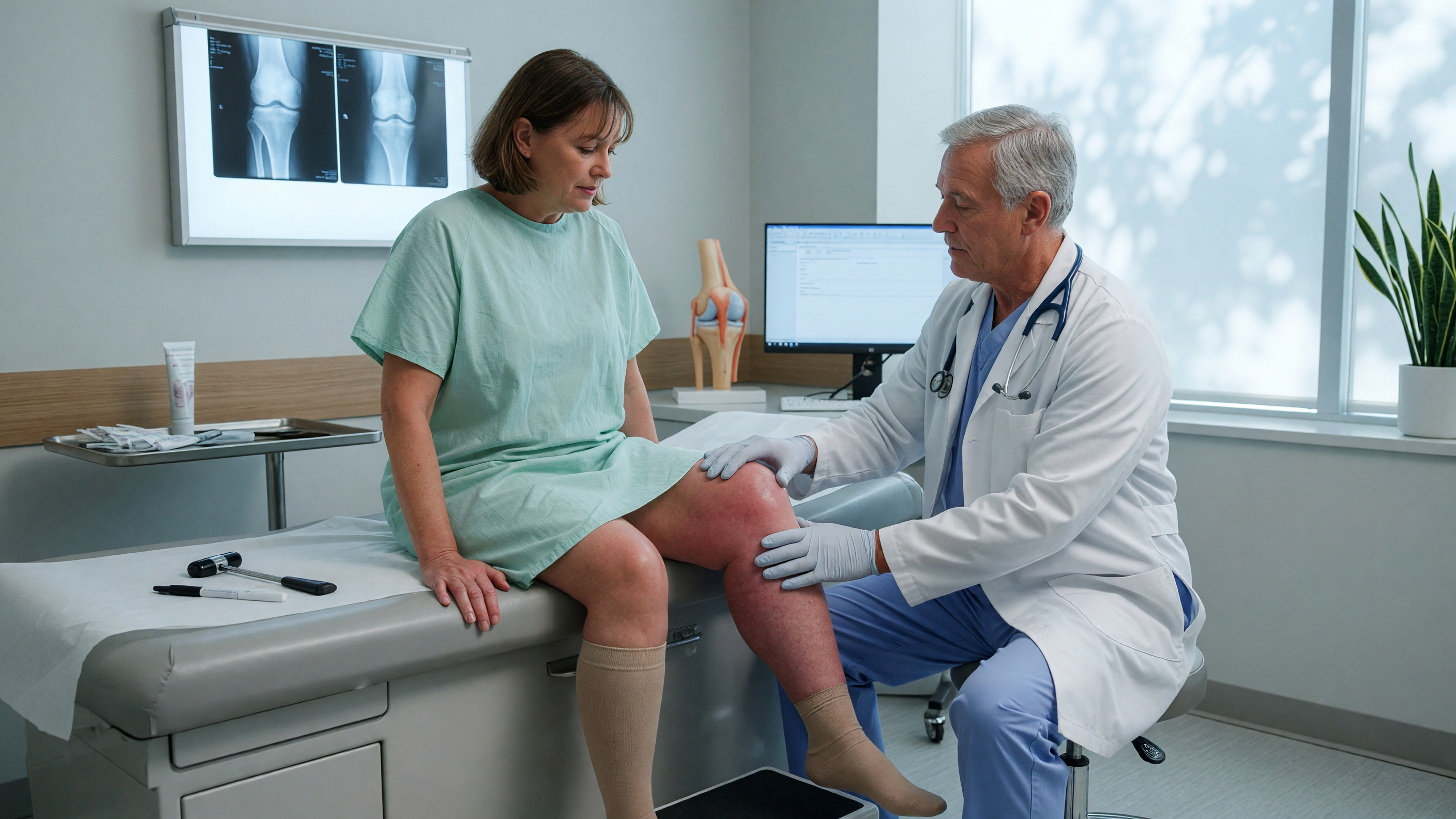 Doctor examining swelling near bone causes on a patient's swollen knee joint