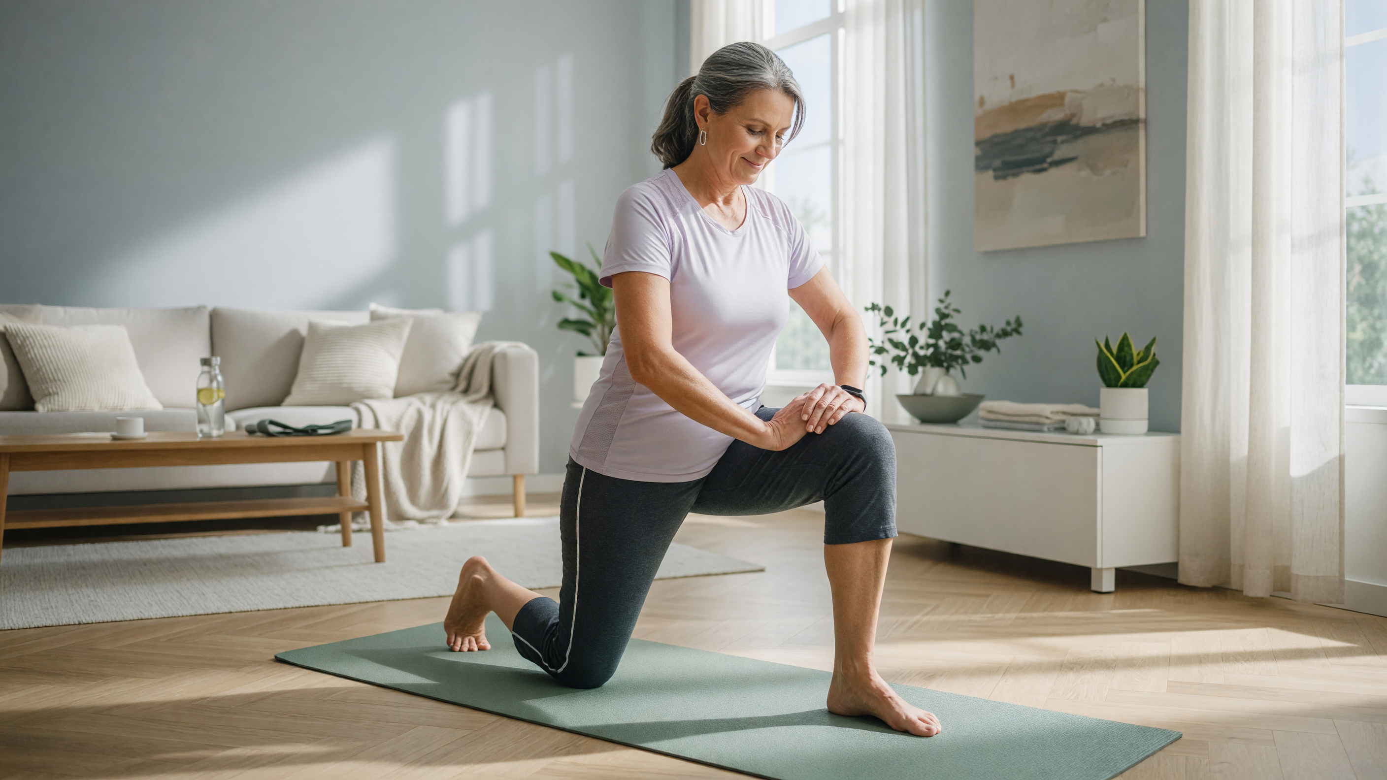Person performing exercises for knee pain relief at home on a yoga mat