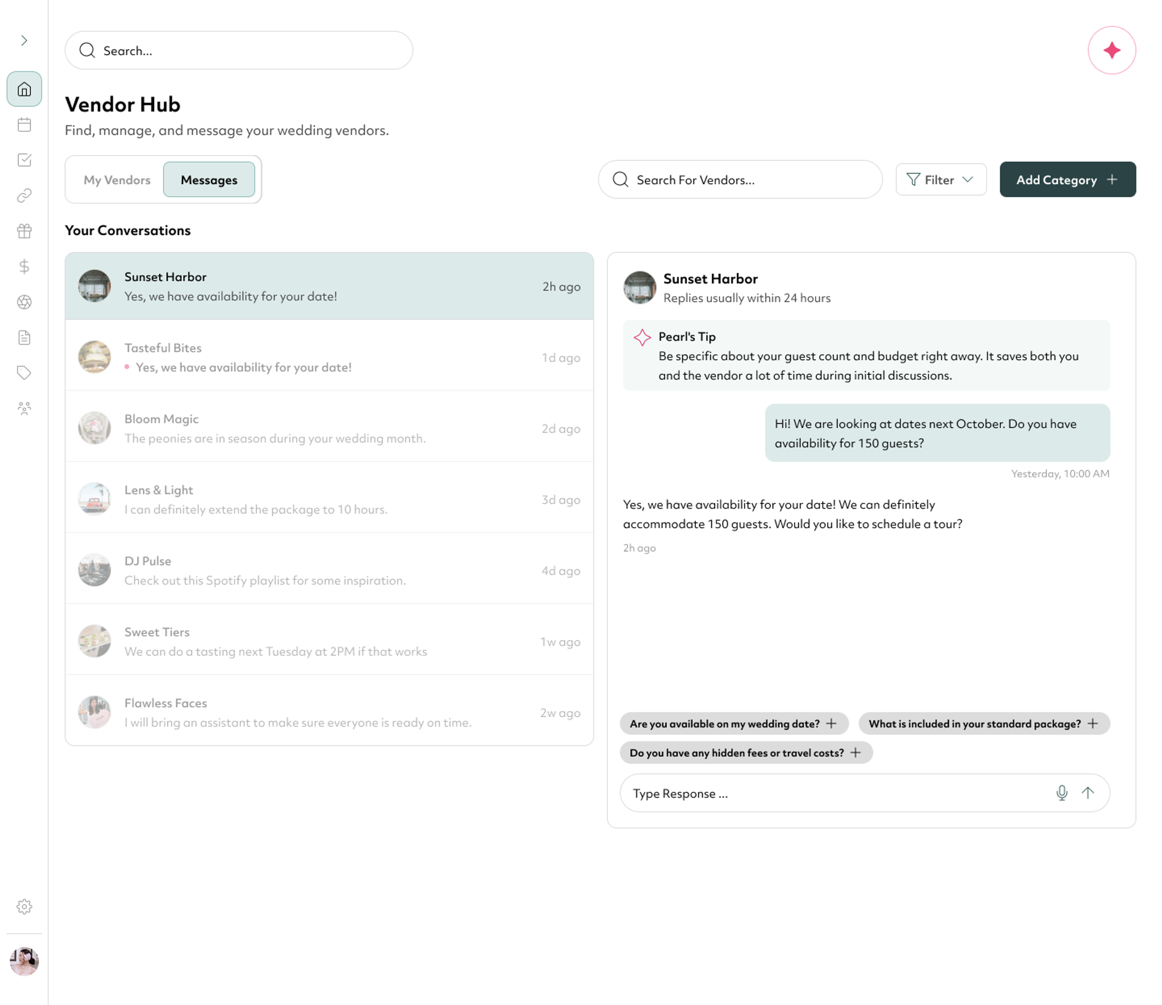 Vendor Hub inbox with couple conversations and booking requests