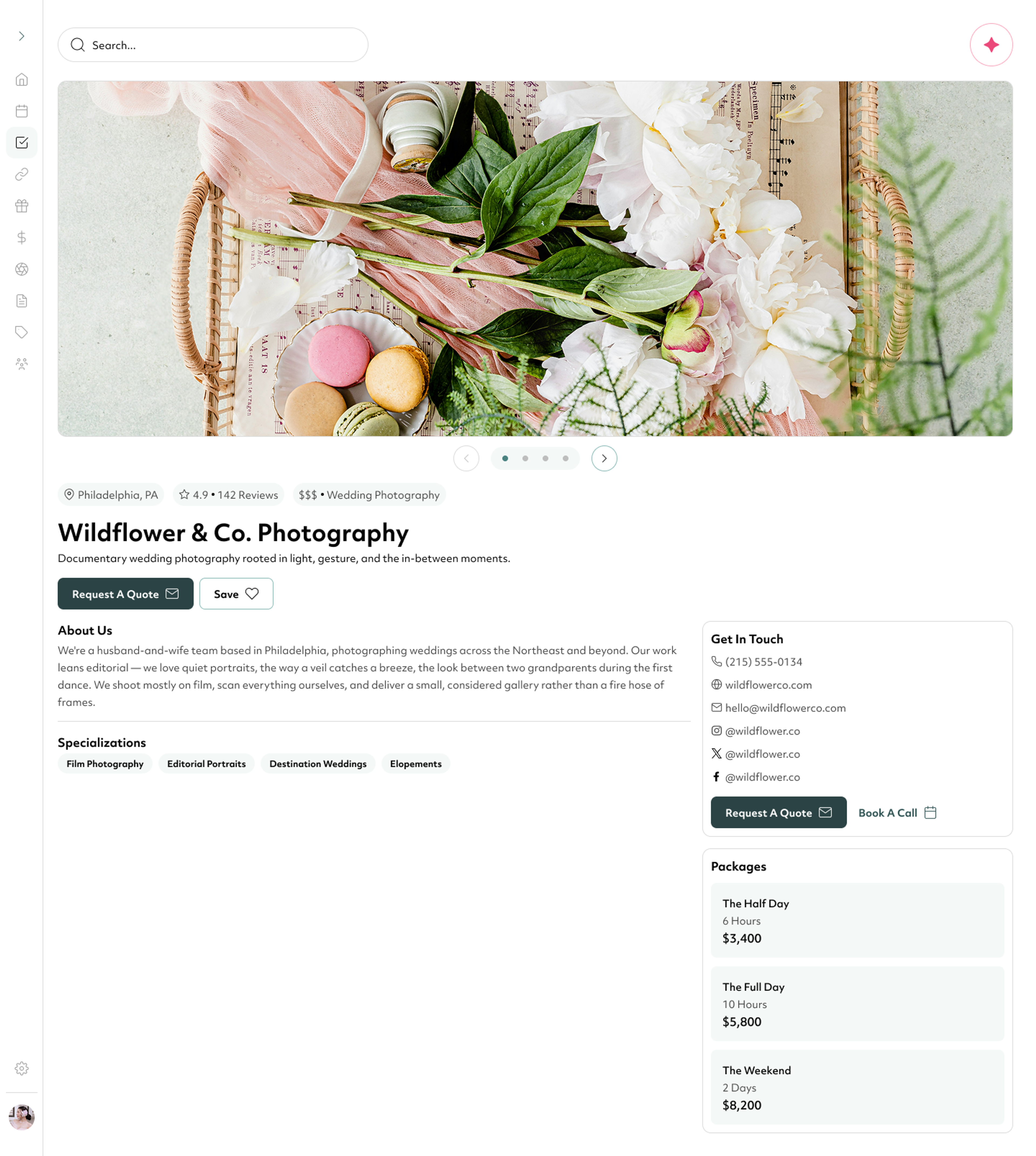 Pearl Connect vendor profile with photos, packages, and booking