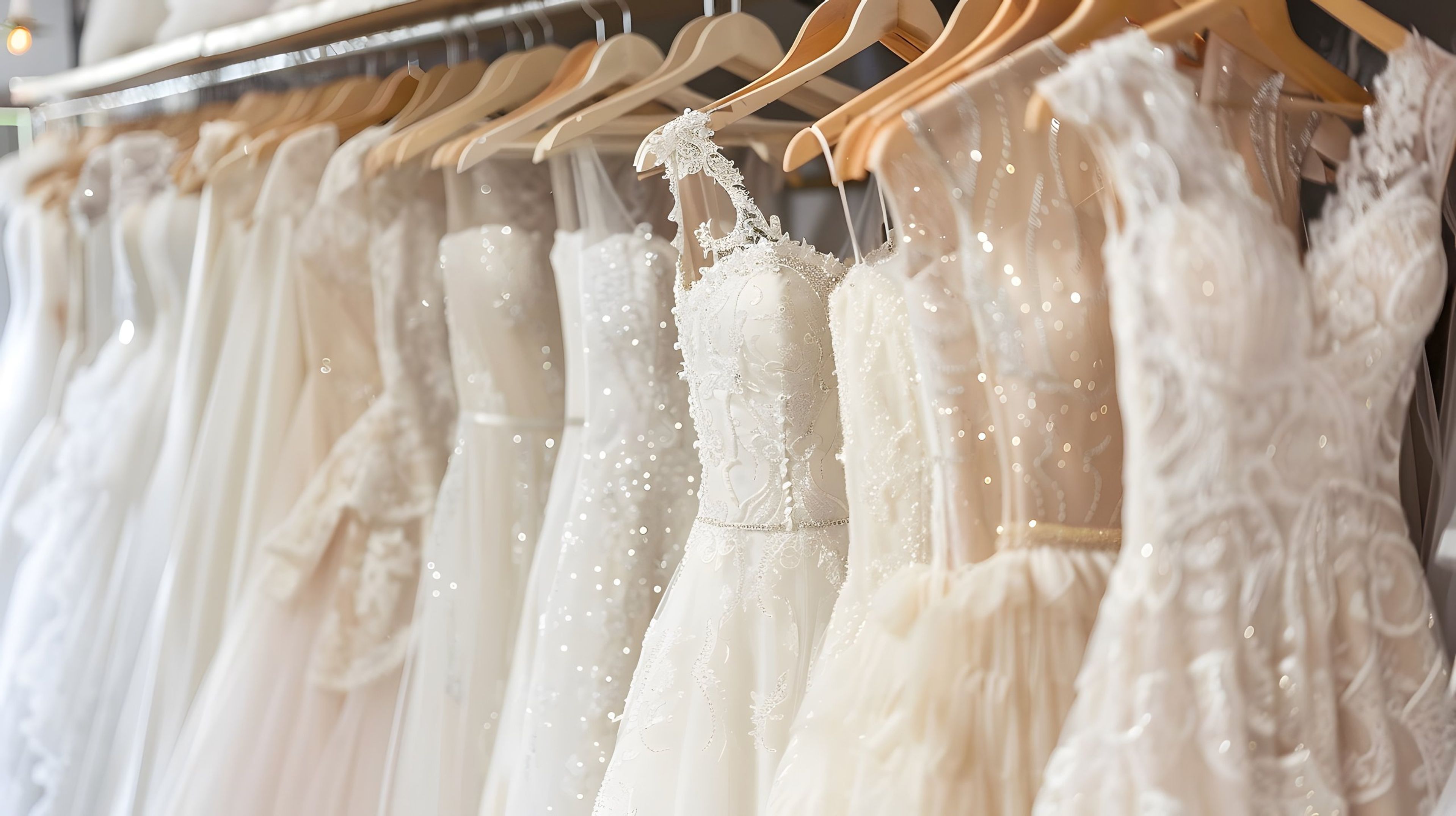 Rail of hanging bridal gowns in a boutique
