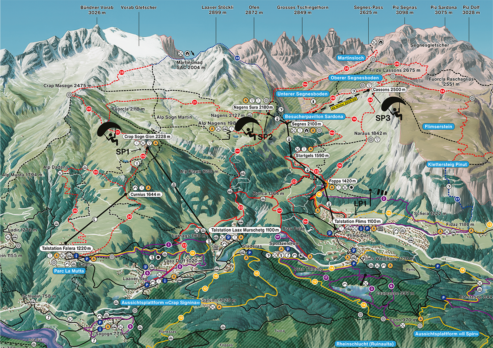Summer paragliding map Flims Laax