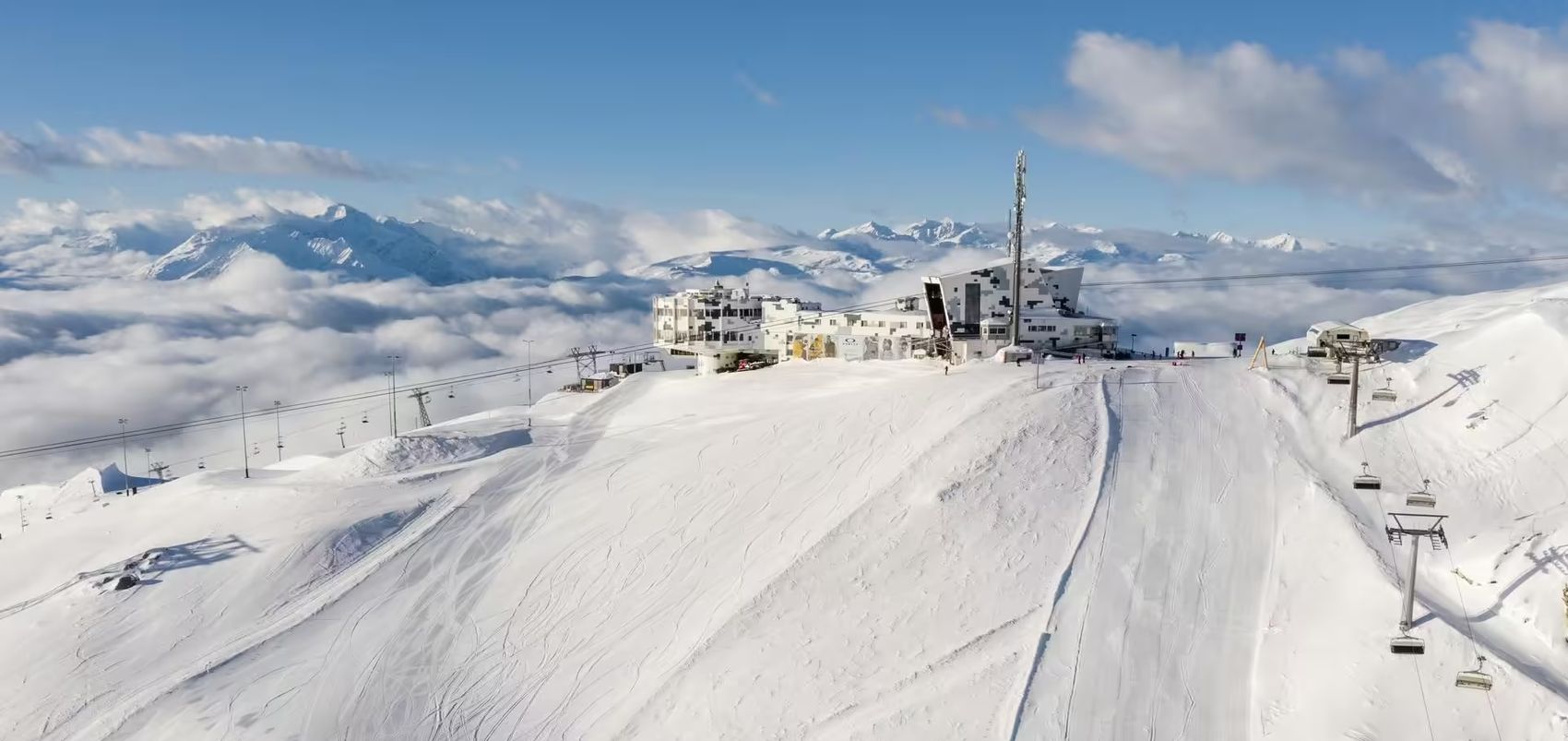 Crap Sogn Gion with Galaaxy Station from a bird's eye view