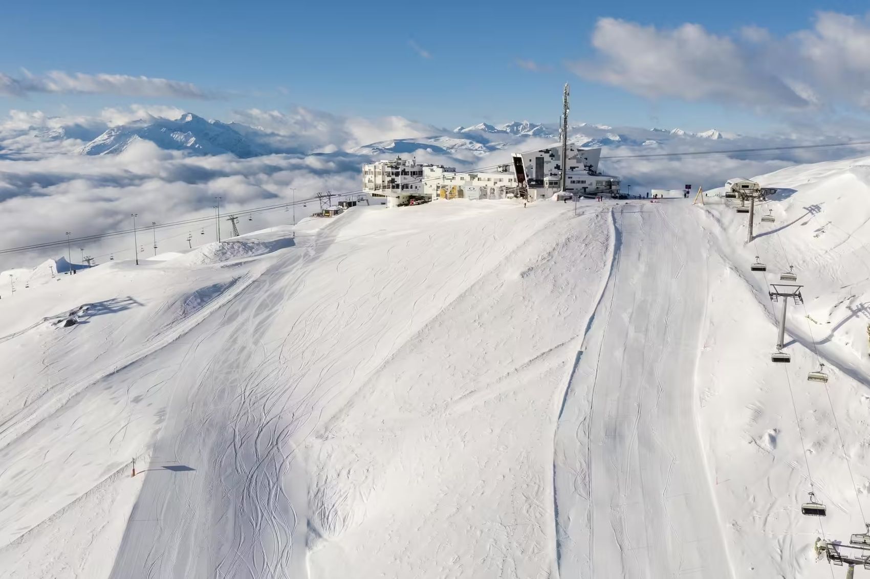 Crap Sogn Gion with Galaaxy Station from a bird's eye view