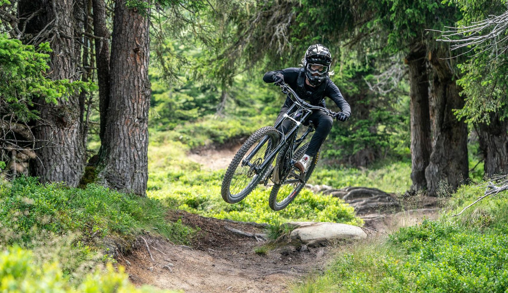 Biker jumps over roots