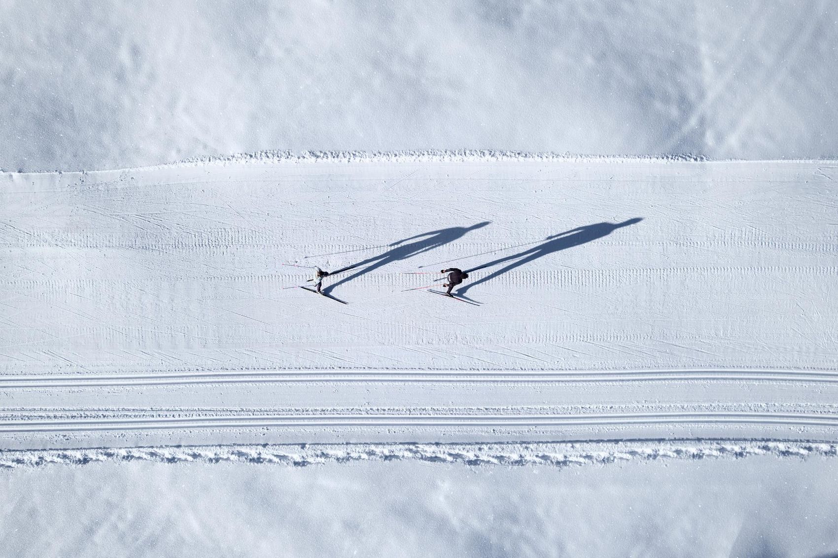 Two cross-country skiers on the trail