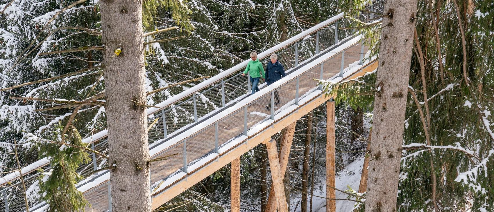 Paar läuft über verschneiter Baumwipfelpfad