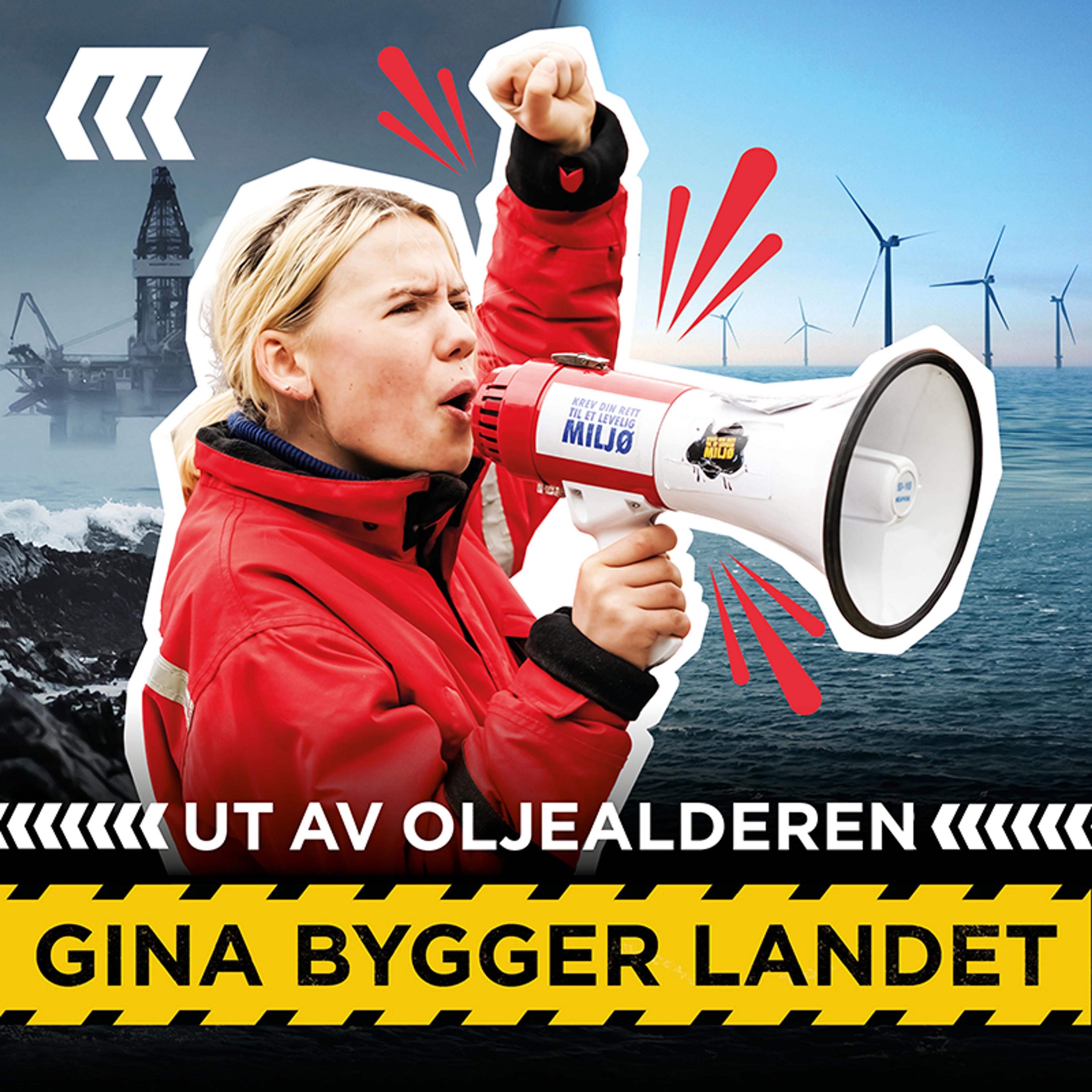 Gina Gylver står med ropert foran bilde av oljerigger og vindmøller