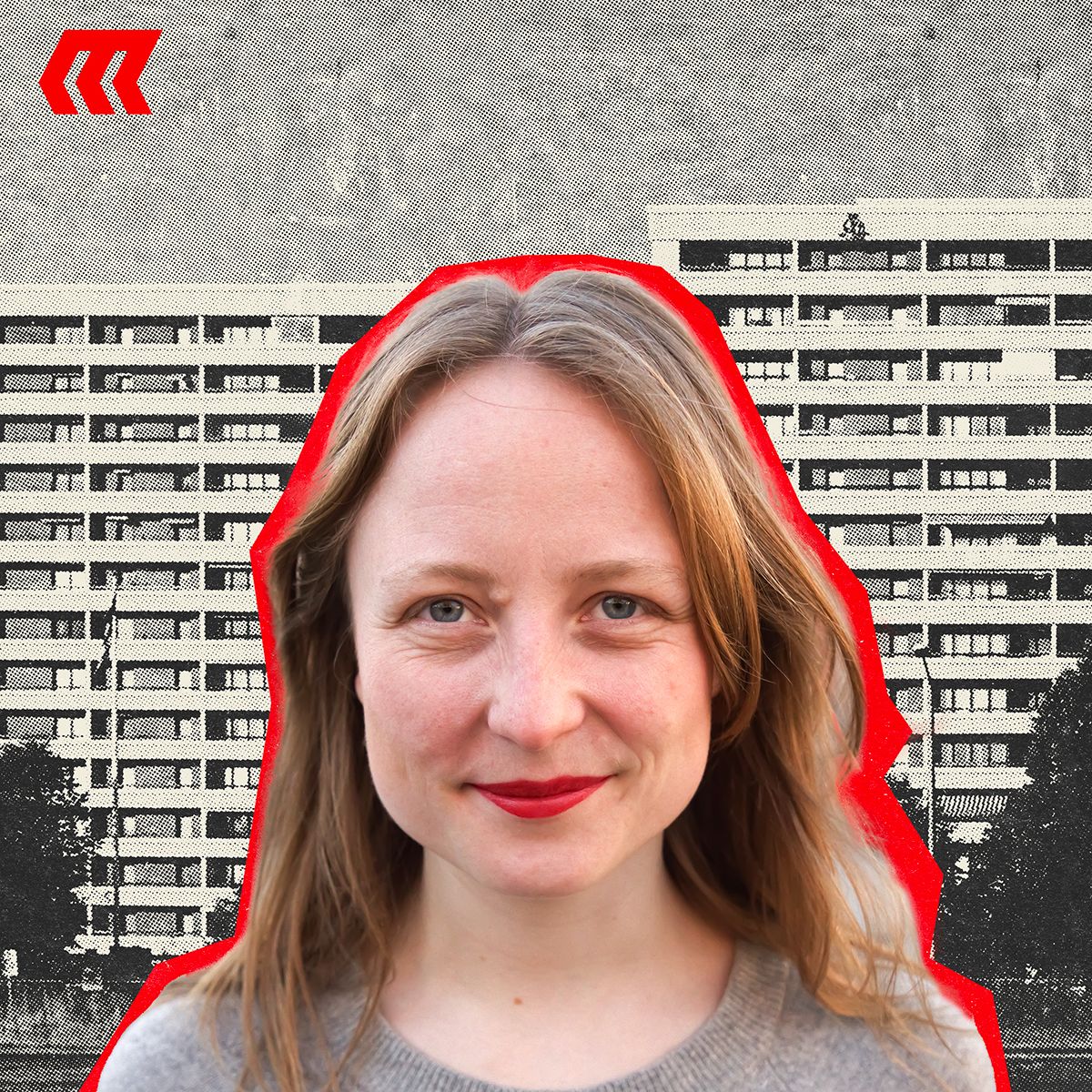 Agnes ser inn i kamera med boligblokk bak