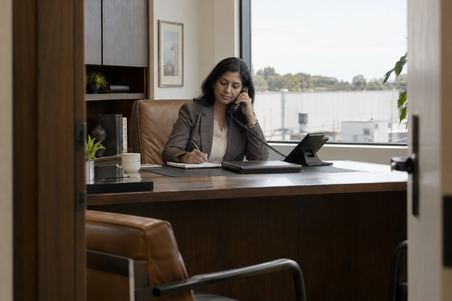 Inside a manufacturing company’s quietly refined credit manager’s office, a middle-aged South Asian woman listens during a customer call on a simple handset, ma