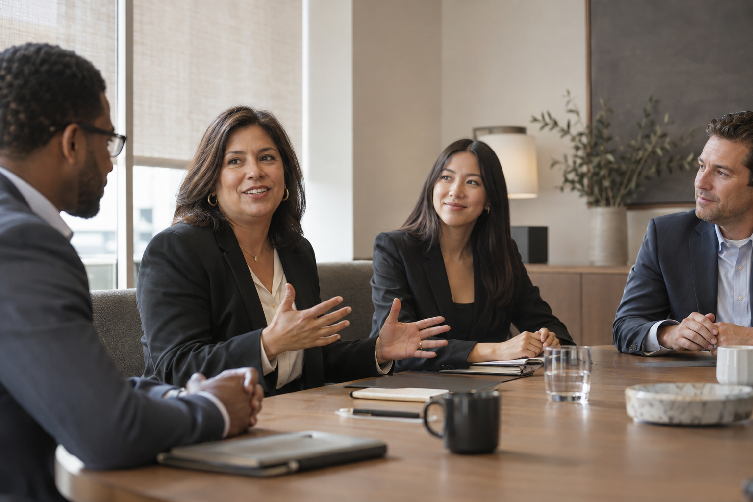 In a global consulting firm’s understated training suite, a senior Latina partner introduces a new colleague to a small cross-functional team gathered around an