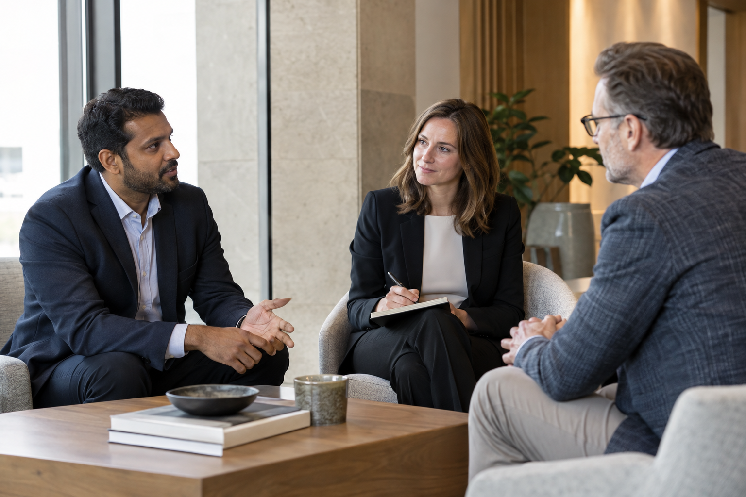 In a software company’s quiet executive lounge, a South Asian engineering director and a white female operations lead discuss implementation responsibilities wi