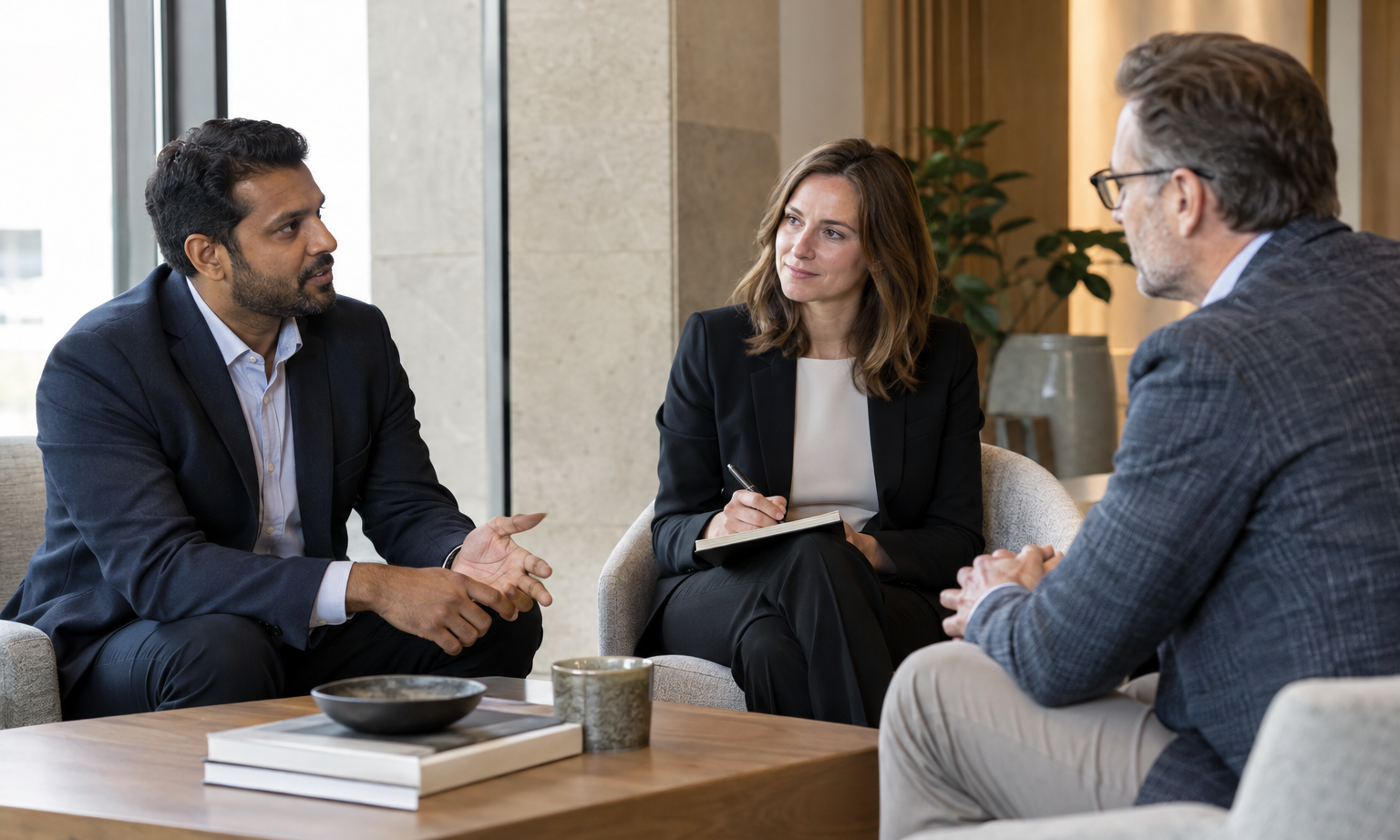 In a software company’s quiet executive lounge, a South Asian engineering director and a white female operations lead discuss implementation responsibilities wi