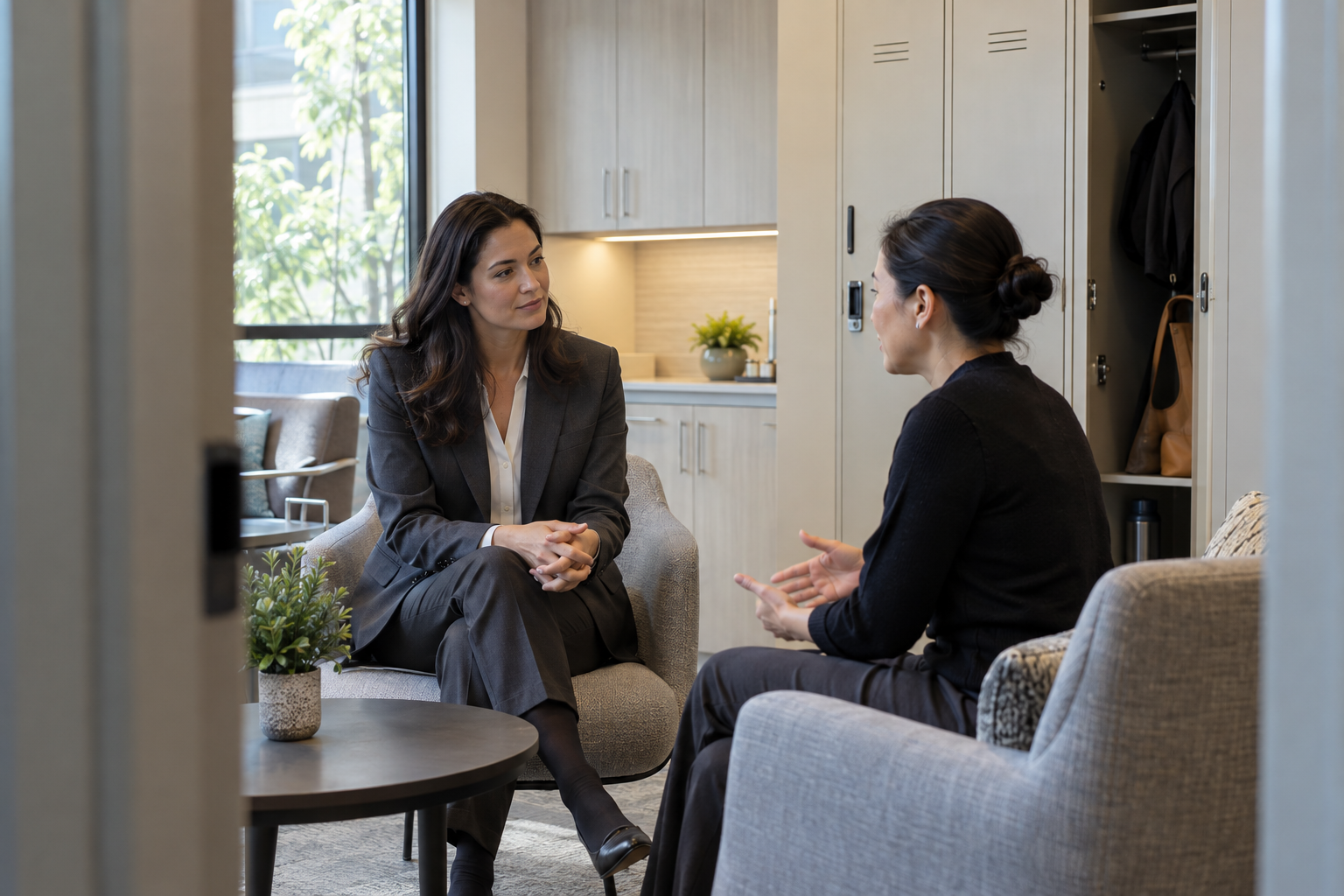 In a contemporary hotel’s quiet staff lounge, an HR manager in a tailored charcoal suit listens as a department supervisor discusses covering a colleague’s plan