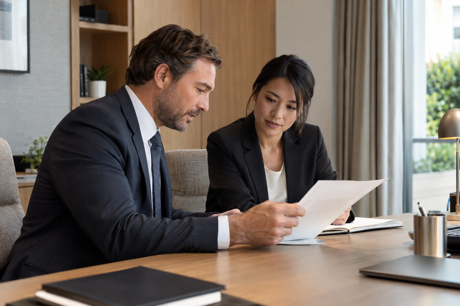 In a contemporary hotel’s discreet personnel office, a department supervisor and an employee sit side by side, calmly reviewing a single paper record to resolve