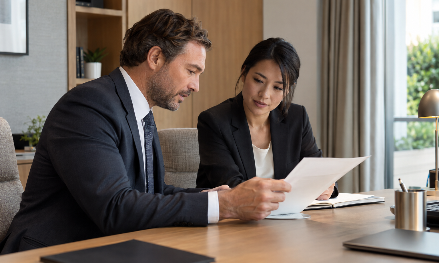 In a contemporary hotel’s discreet personnel office, a department supervisor and an employee sit side by side, calmly reviewing a single paper record to resolve