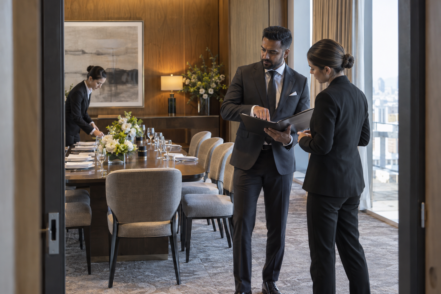 In a contemporary hotel’s oak-paneled conference suite, a South Asian events director in a tailored charcoal suit reviews the room setup with a colleague, while