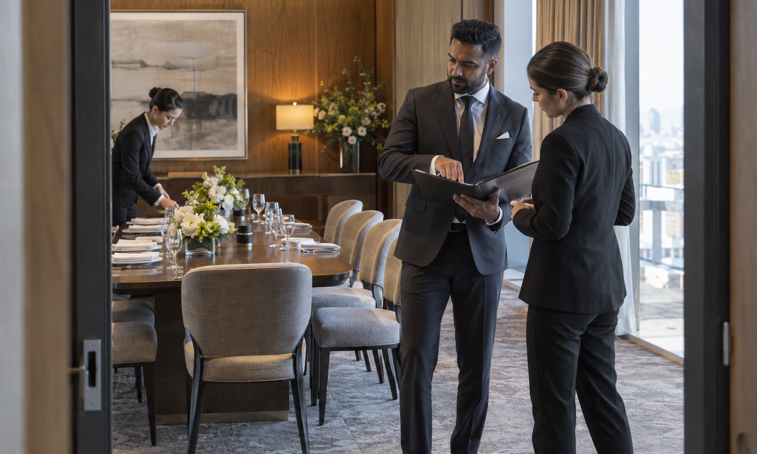 In a contemporary hotel’s oak-paneled conference suite, a South Asian events director in a tailored charcoal suit reviews the room setup with a colleague, while